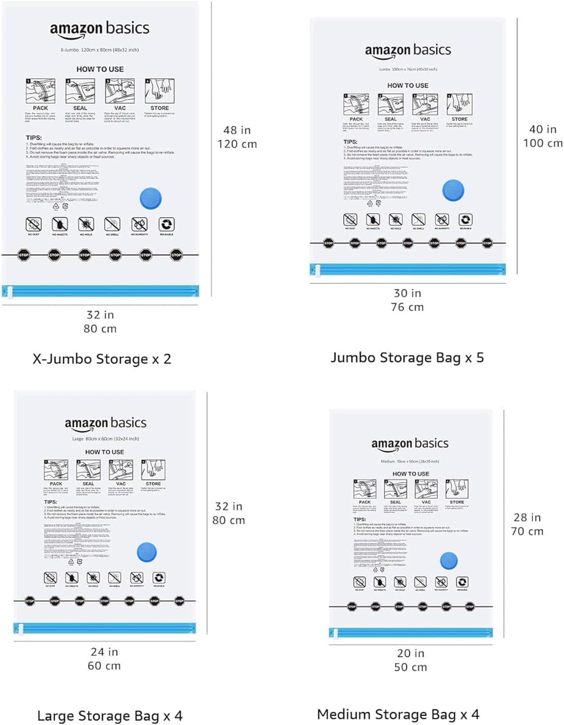 Amazon Basics Vacuum Compression Storage Bags with Hand Pump - 20 Pack (5 Small, 5 Medium, 5 Large & 5 Jumbo)