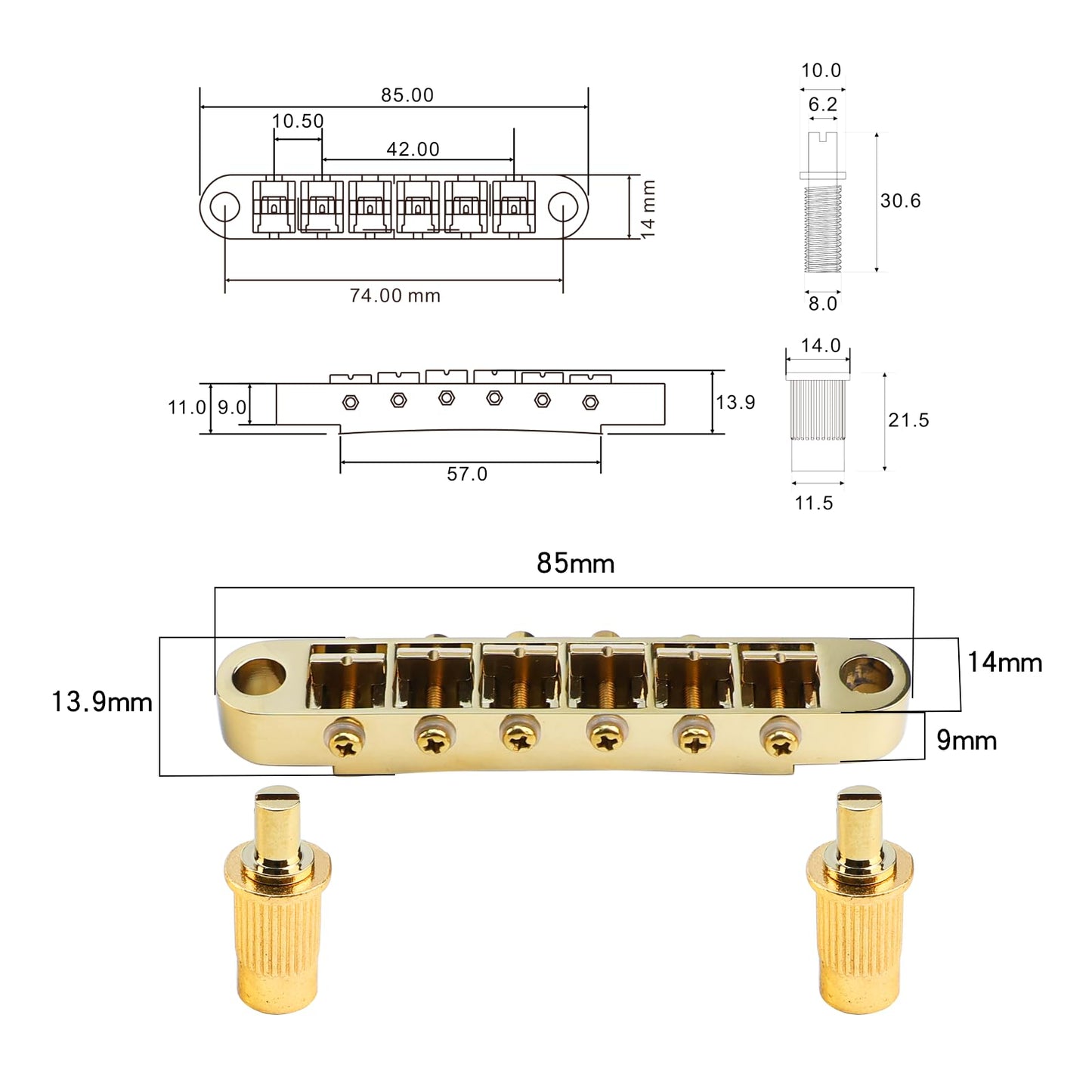 OVSAL Gold Tune-O-Matic Guitar Bridge and Stop Bar Tailpiece Combo M8 Metric Thread 6 String Fixed Bridge Compatible with Les Paul LP SG Style Electric Guitar Replacement Parts