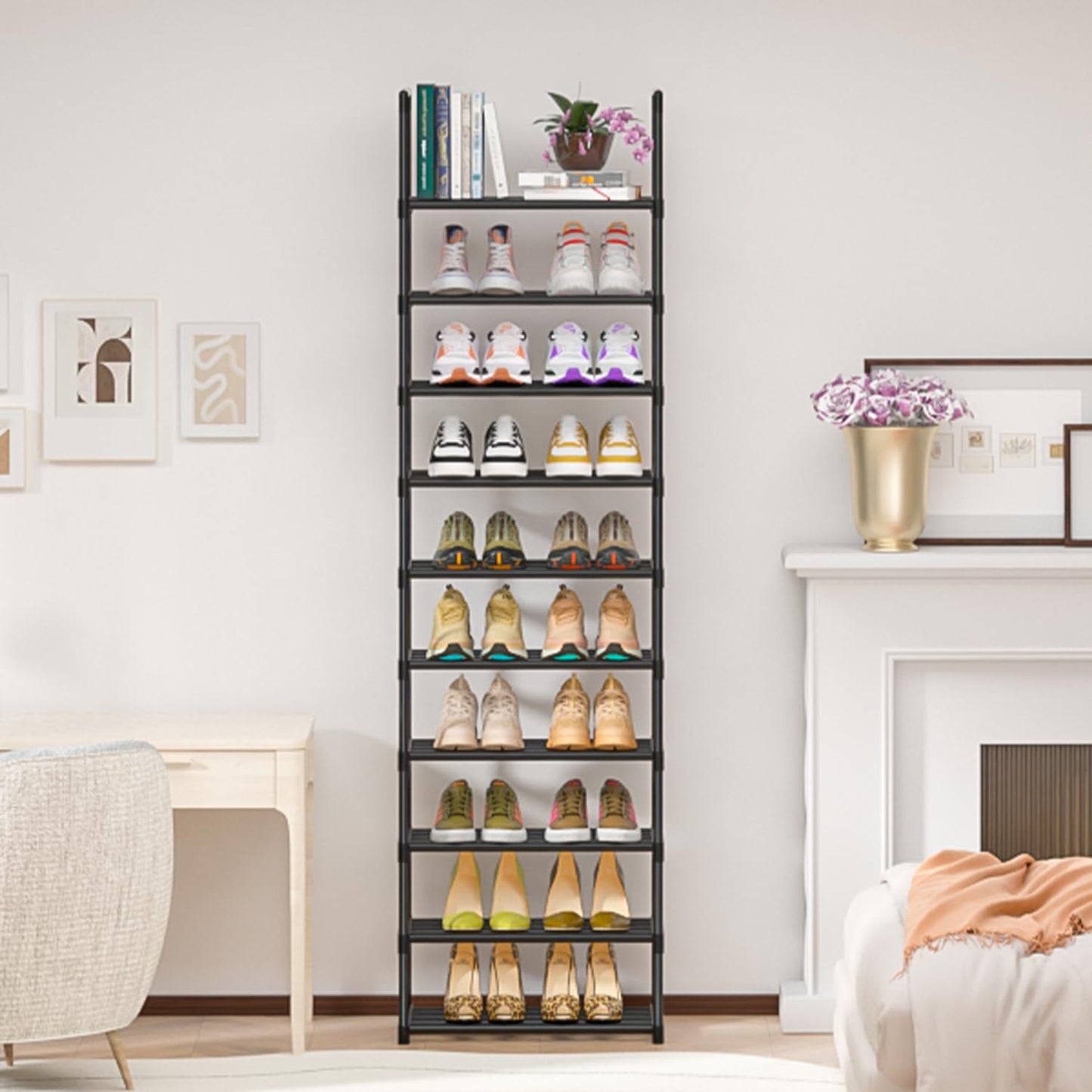 OYREL 10 Tier Shoe Rack,Sturdy Metal Shoe Organizer, Narrow Shoe Rack, Shoe Racks for Closets, Black Shoe Shelf
