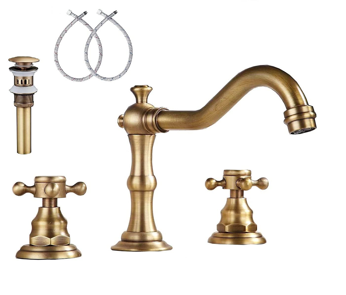YBlucklly Lavatory Widespread Bathroom Sink Faucet Antique Brass Mixer Tap Washing Room Vanity Faucet 8-16 inch 2 Handles 3 Holes Bathroom Faucet with Pop Up Drain with Overflow