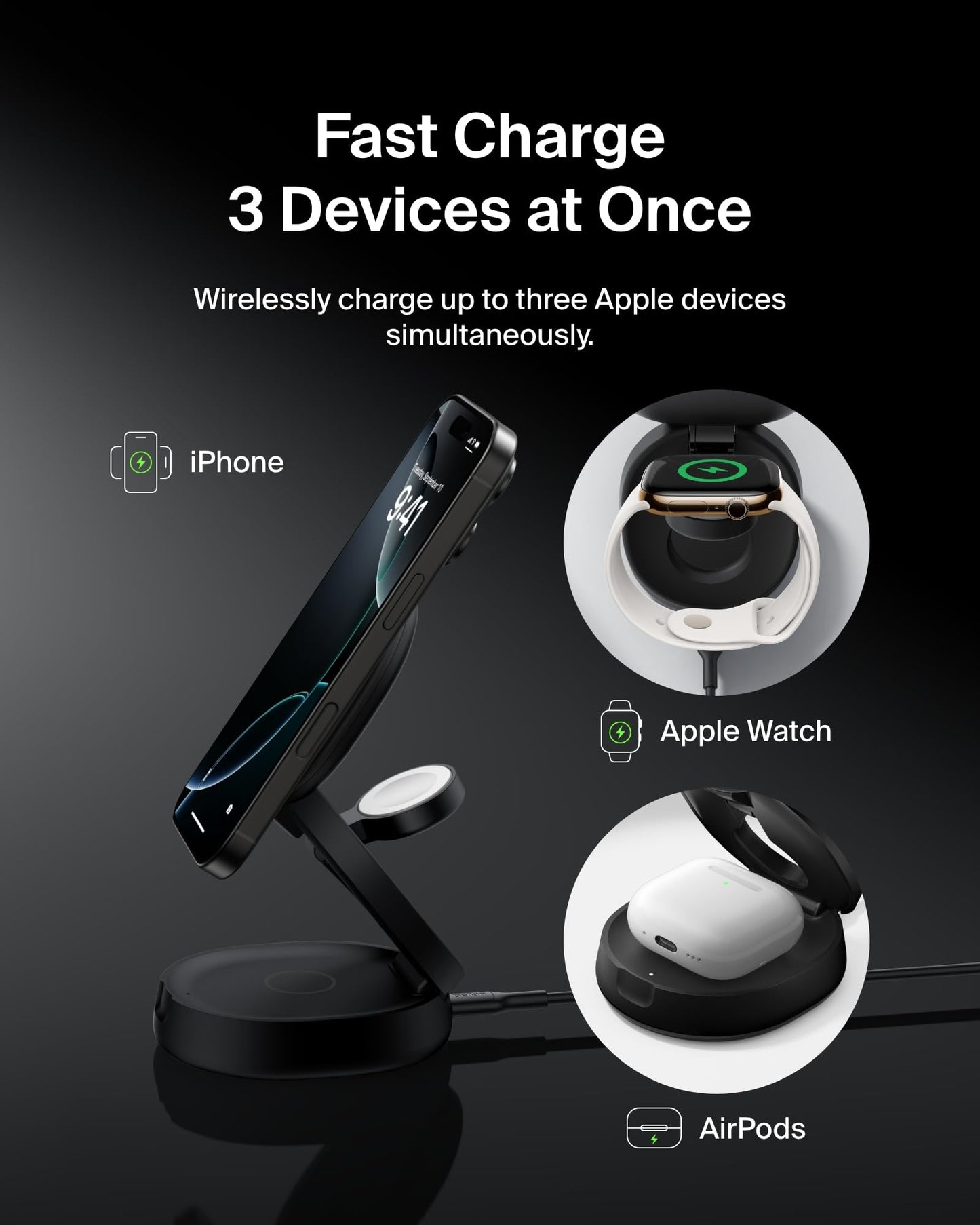 Belkin MagSafe Charger Compatible, 3-in-1 Qi2 Wireless Charging Station 15W, Convertible Wireless Charger for iPhone 17, Apple Watch, AirPods, Portable Phone Stand for Travel w/ 36W Adapter - Black