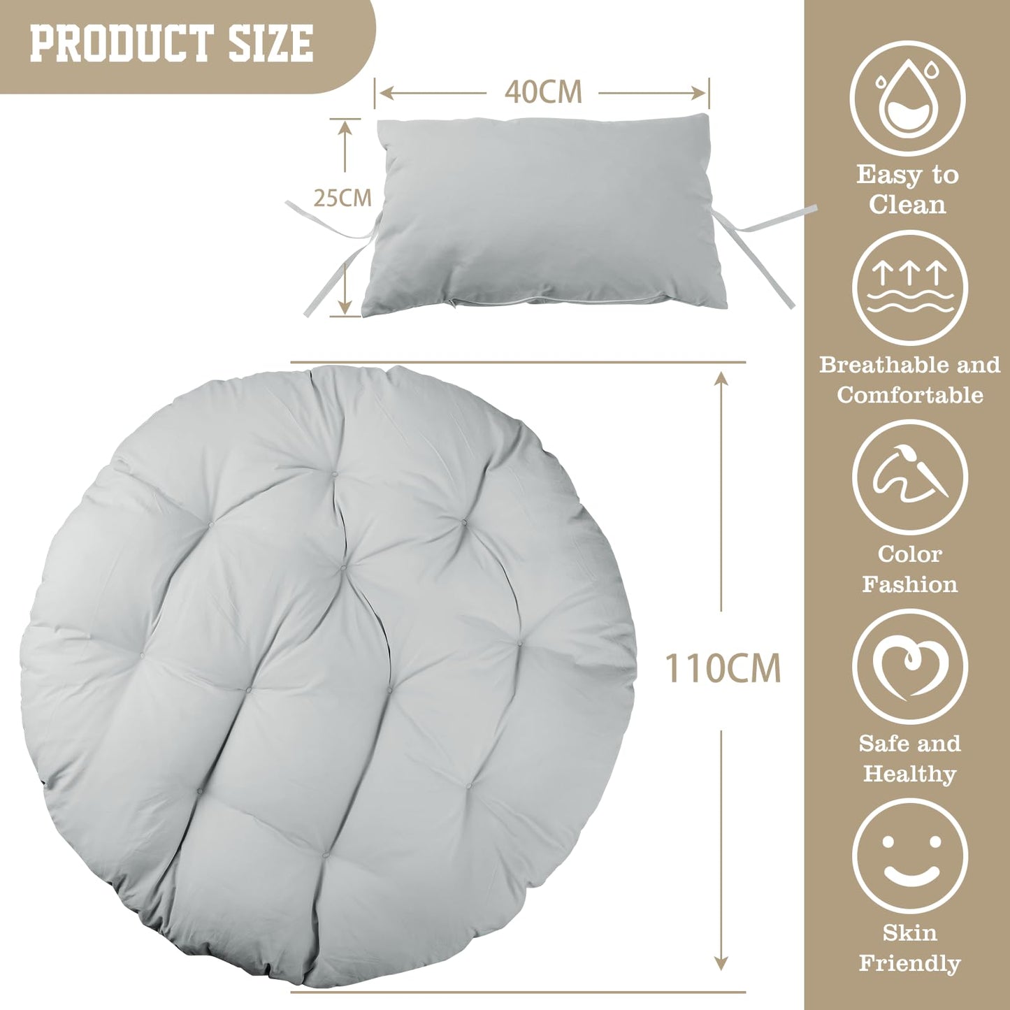 Hanging Egg Chair Cushion 44"x44", Egg Chair Cushion Replacement Outdoor, Round Thick Cushion for Swing Chairs, Washable Hammock Chair Cushion Cover, Patio Furniture Cushions Beige (Grey)