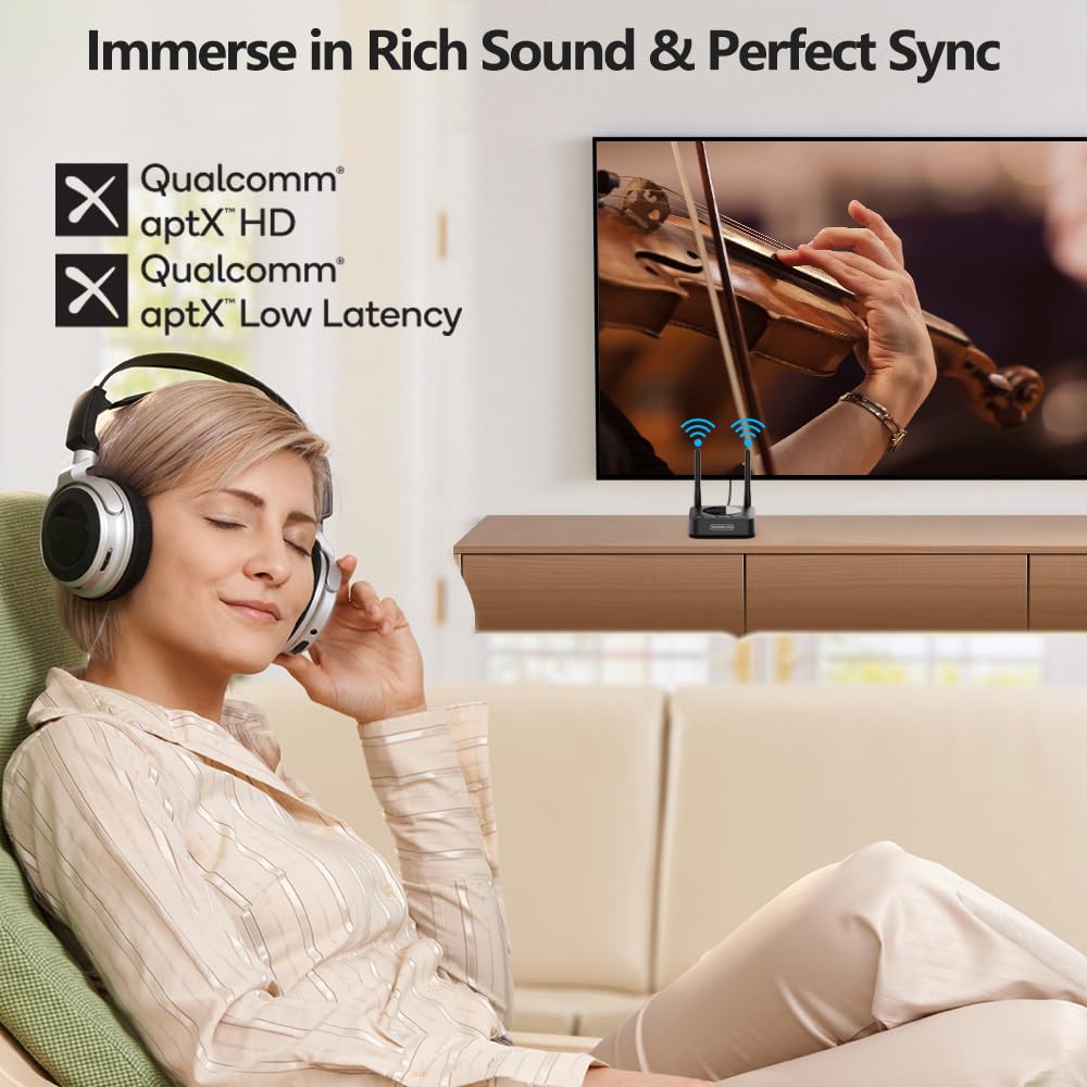 1Mii B06TX+ Long Range Bluetooth 5.2 Transmitter for TV/PC/Projector to 2 Wireless Headphones/Speakers, Bluetooth Adapter for TV w/Screen Display Plug n Play, aptX Low Latency & HD Audio