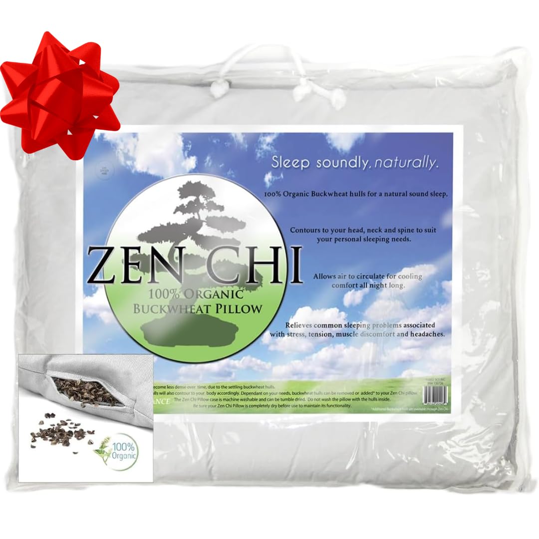 Organic Queen Size Buckwheat Pillow for Sleeping (20"X30") w Natural Cooling Technology, All Cotton Cover w Organic Buckwheat Hulls Comfortable Sleep, Naturally Adjusts to Head