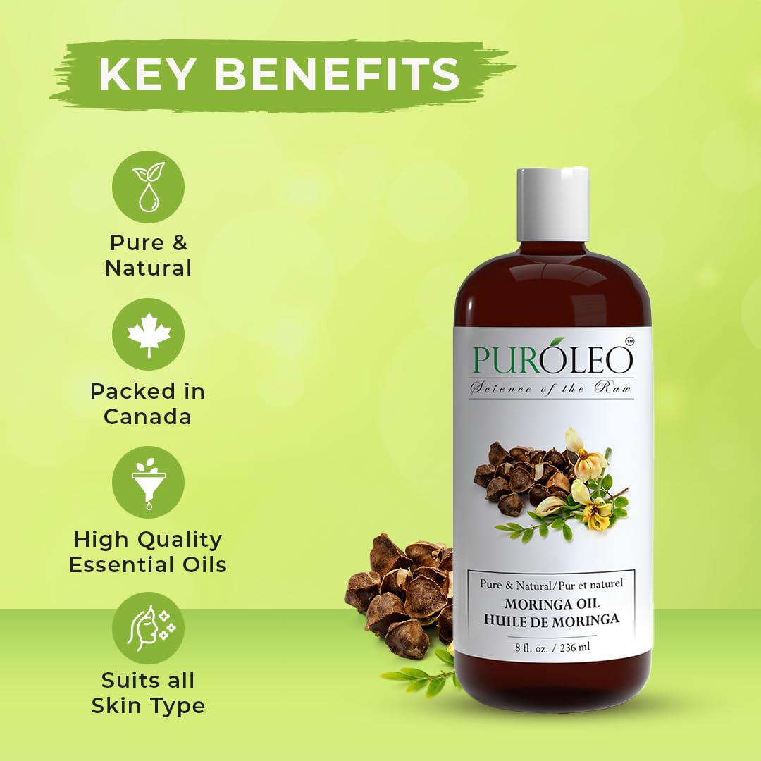 PUROLEO Moringa Oil 8 Fl Oz/236 ML (Packed In Canada) for Face 100% Pure | Natural Moringa Oil