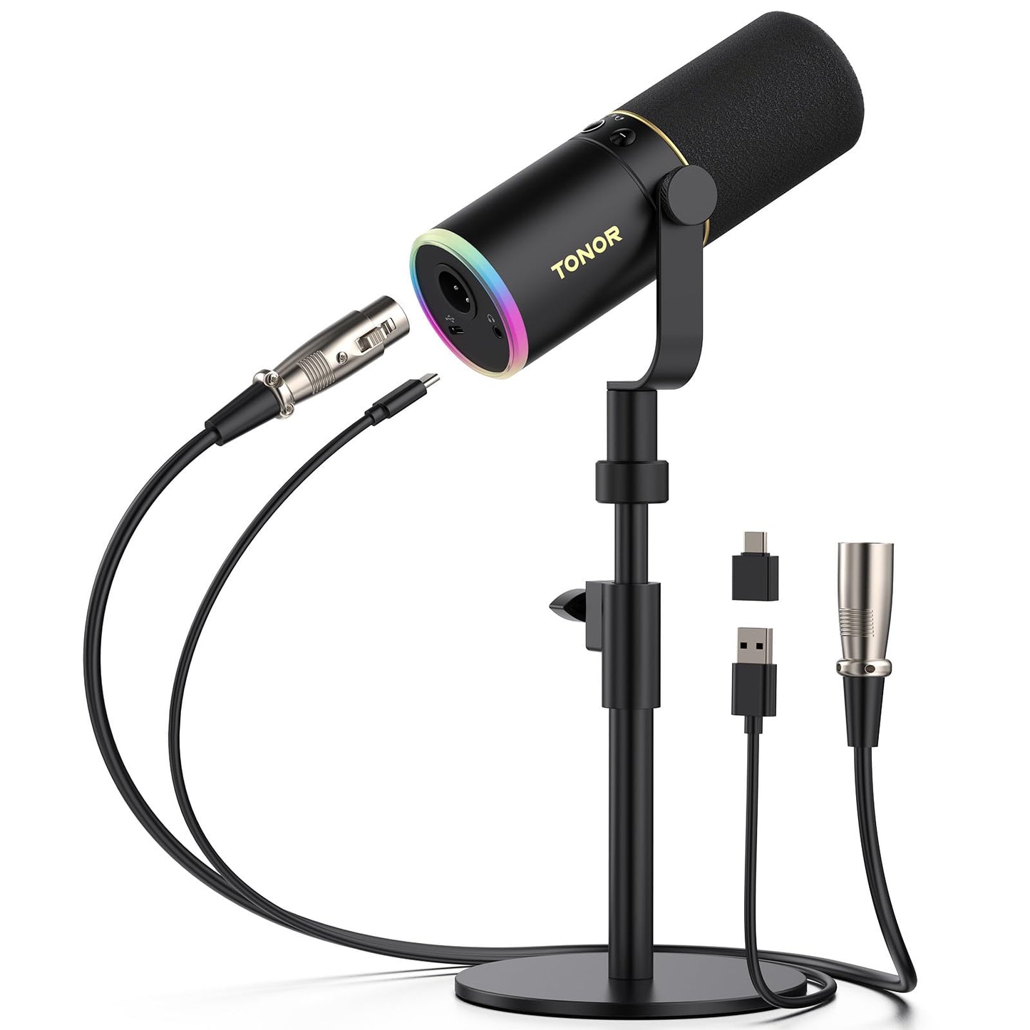 TONOR XLR/USB Gaming Mic, Dynamic Microphone for Podcast Recording Streaming with RGB Light, Mute Button, Headphones Jack, Monitoring,Desktop Stand, Metal Vocal Mic for PC Mac Android PS4/5 TD520S