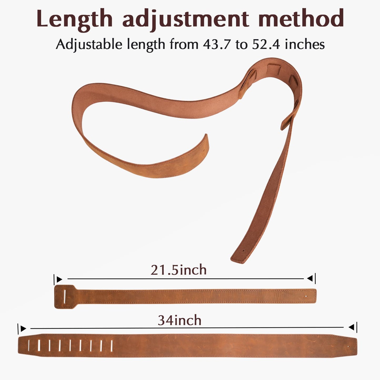 MCKDERWRILL Leather Guitar Strap, Adjustable 45" to 52", Reinforced Keyhole & Slots, 2.4 Inches Width Leather Guitar Strap for Bass, Electric guitar and Acoustic Guitar (Brown)