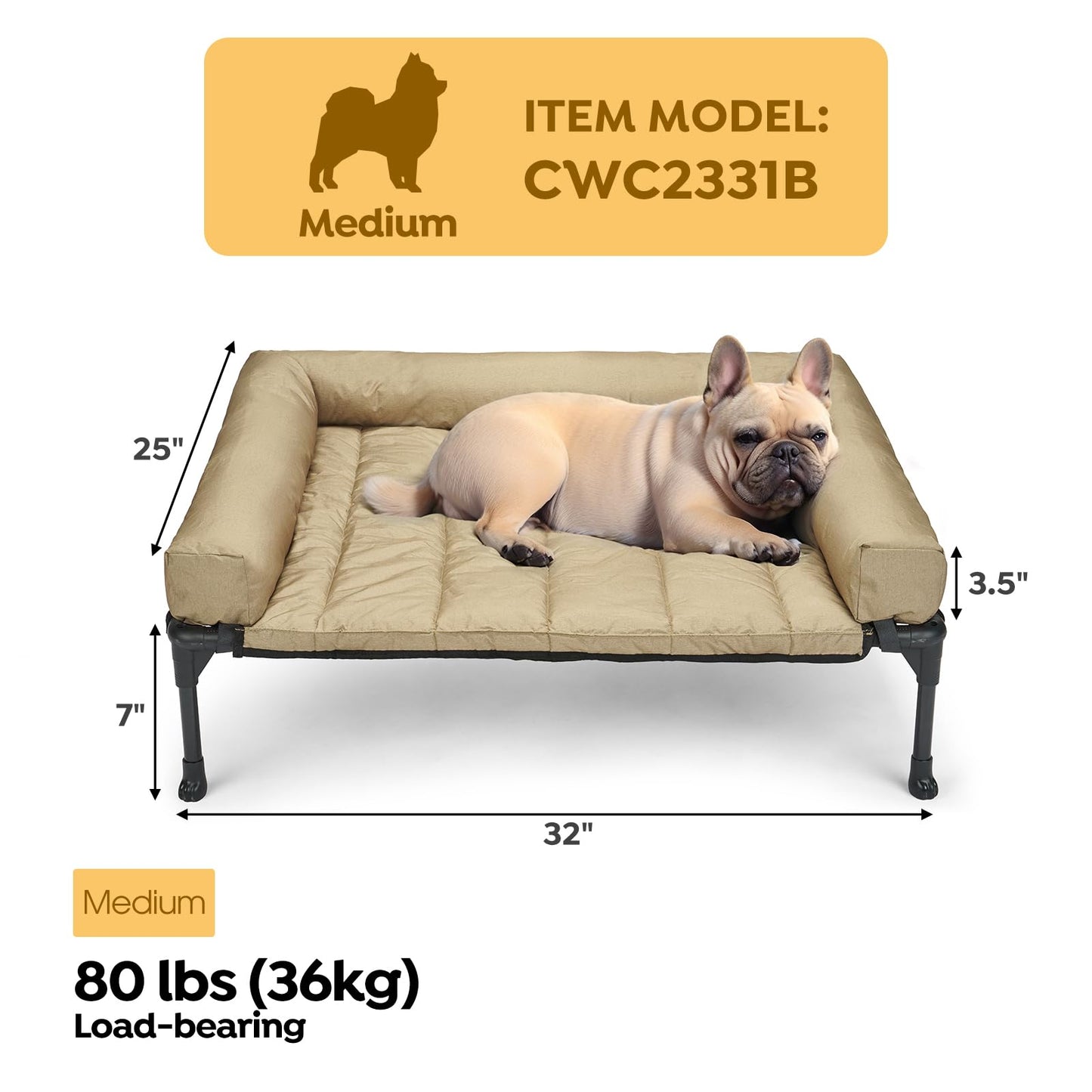 Veehoo Elevated Dog Bed, Lifted Dog Ded Add Waterproof Removable Pillow-Top Mat, Raised Pet Cot with Breathable Mesh, No-Slip Feet, Bolster Dog Cot Bed for Indoor & Outdoor, 81 x 64 cm, Beige