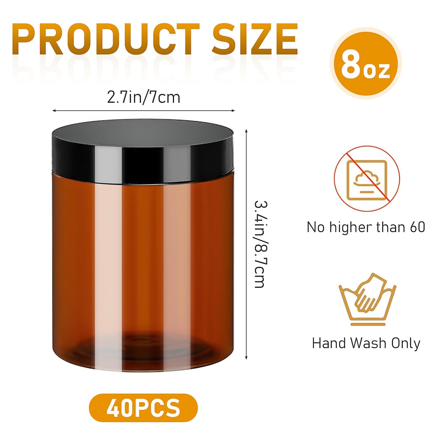 8 oz Amber Plastic Jars with Lids, 40 Pack Round Cosmetic Container, Refillable Samples Jars for Cream, Makeup,Craft Supplies,Kitchen Travel Storage
