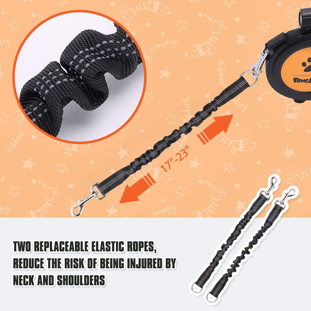 BINGPET Dual Retractable Dog Leash for Dogs Walking,26ft Heavy Duty Double Dog Leash for Two Dogs with LED Flashlight,Poop Bags,Reflective Elastic Rope,360° Tangle-Free,Up to 110 lbs / 50 kg