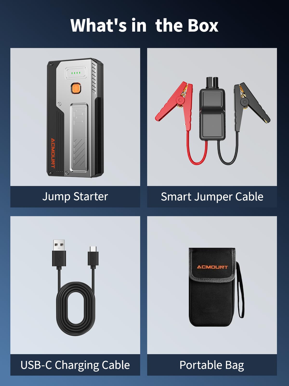 Acmount 5000A Car Jump Starter, 12V Battery Booster Pack for Up to 10.0L Gas & 8.0L Diesel Engines, Portable Jump Box with Smart Safe Jumper Cables, Power Bank, Car Emergency Kit