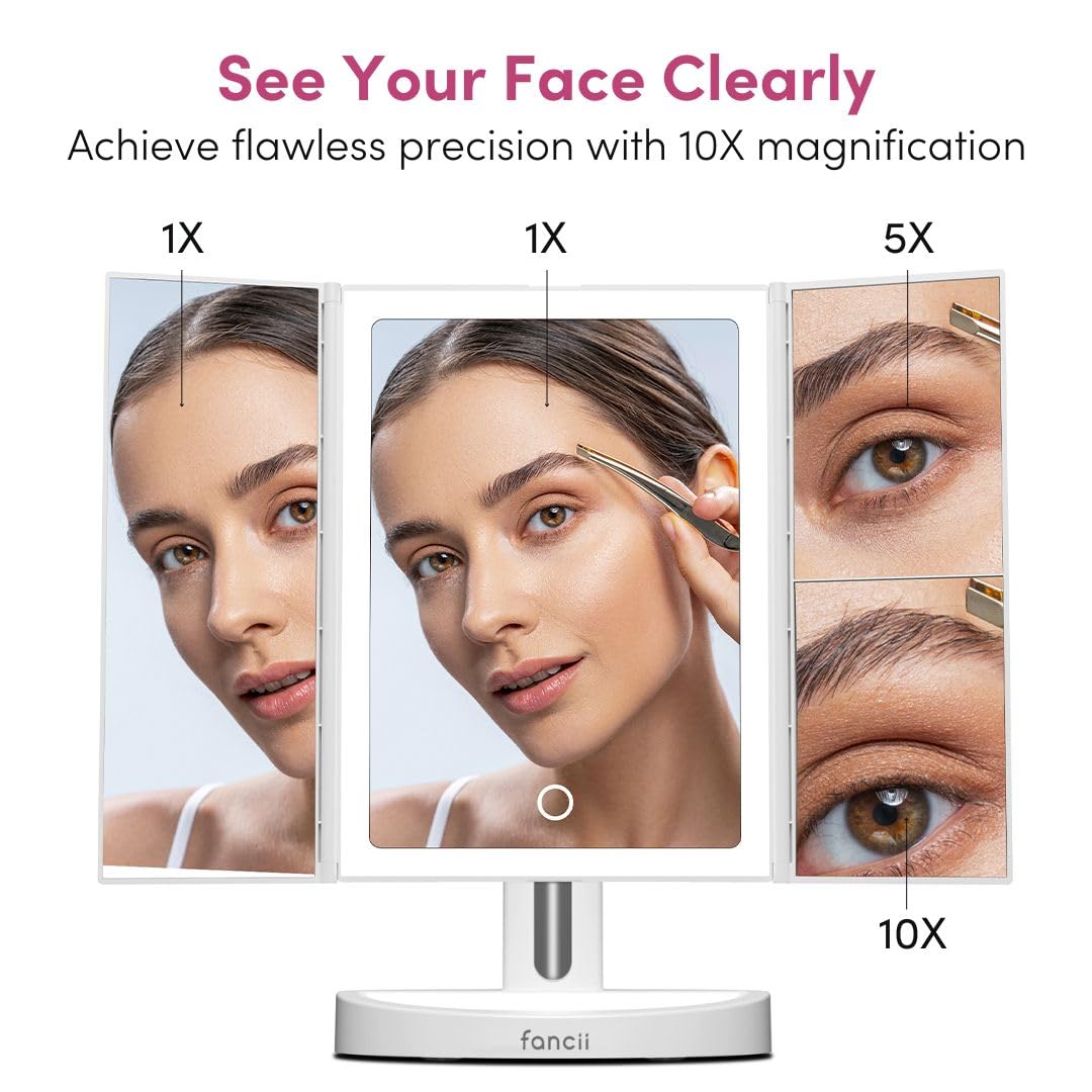 Fancii Vanity Makeup Mirror with LED Lights, 10x 5X 1X Magnification, Rechargeable - 68 Dimmable Natural Lights, Touch Sensor, Lighted Trifold Mirror with Stand (Proudly Canadian)