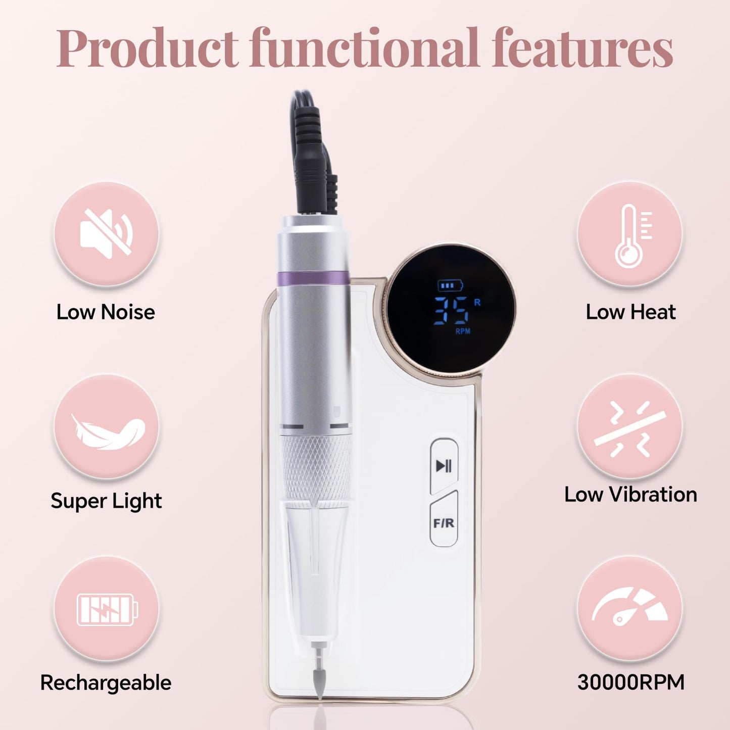 Emmuic Professional Cordless Electric Nail Drill Kit - 35,000 RPM Rechargeable Nail File Kit for Acrylic/Gel Nails, Manicure & Pedicure, Portable File with LCD Display for Home & Salon