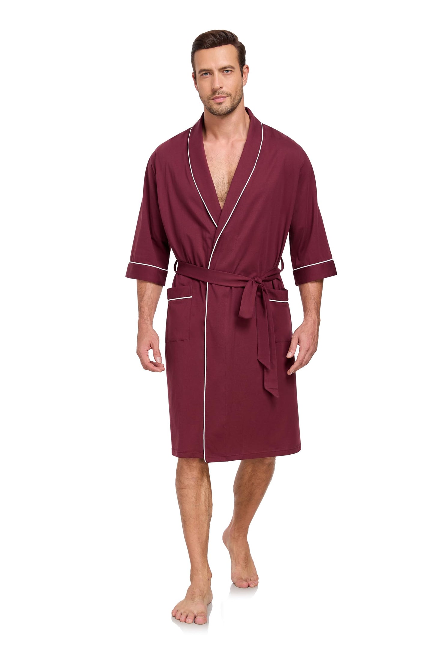 COLORFULLEAF Men's Bathrobes 100% Cotton Soft Comfort Breathable Short Sleeve Summer Kimono Mens Lightweight Robe, Burgundy, Large