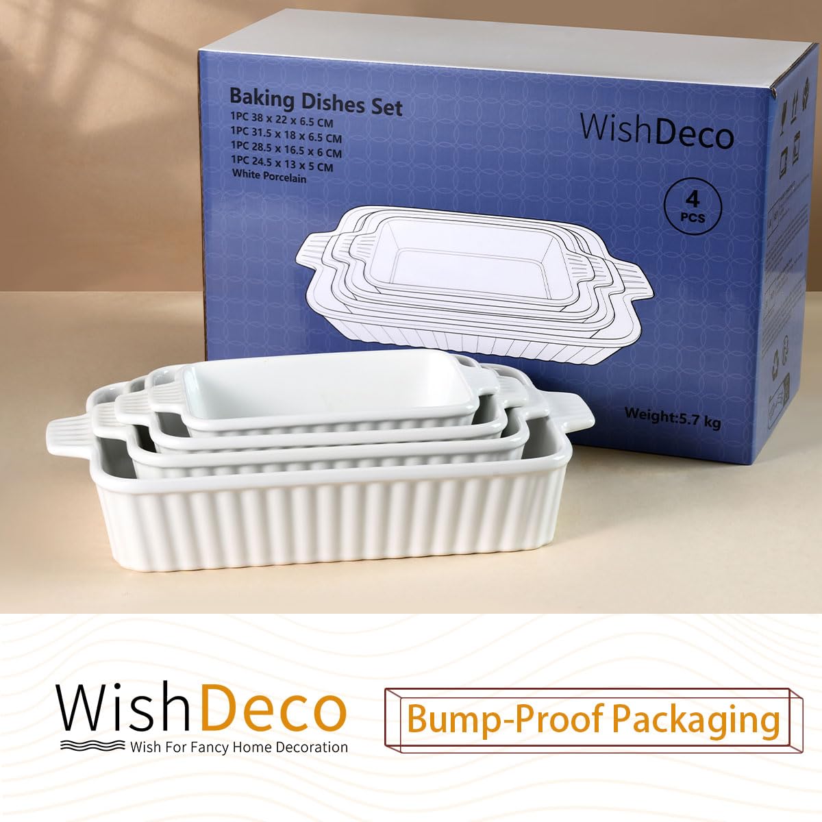 WishDeco Ceramic Casserole Dishes Set of 4, Baking Dishes for Oven, Rectangular Lasagna Pan Deep with Handles, White Porcelain Bakeware (15''/12.4''/11''/9.6''), Dishwasher Safe