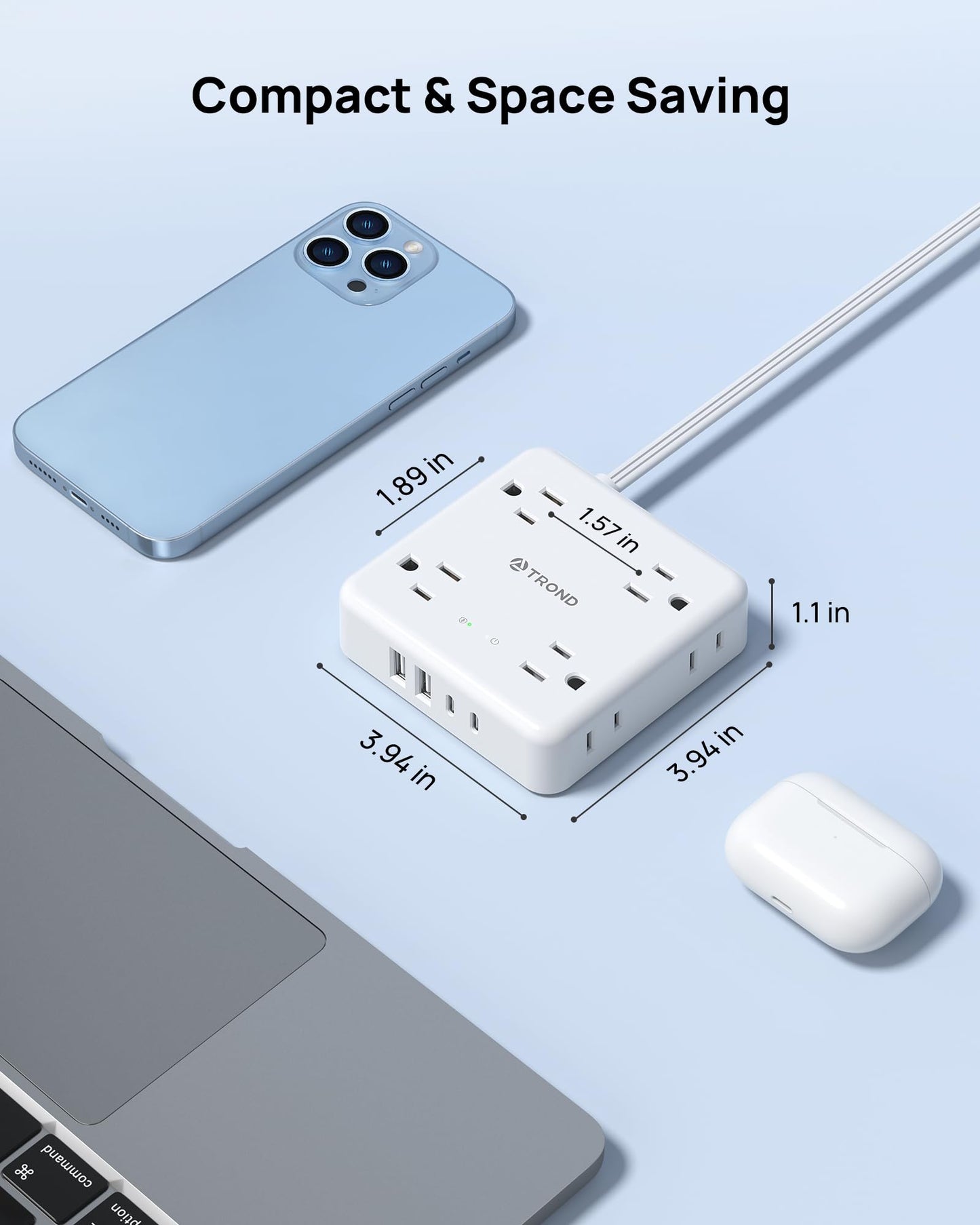 TROND 360° Rotating Flat Plug Power Bar with 2 USB C, 8 Widely Spaced Outlets, 5FT Slim Extension Cord, 1440J Surge Protector Power Strip, Wall Mount for Home Office Dorm Travel Essentials, White