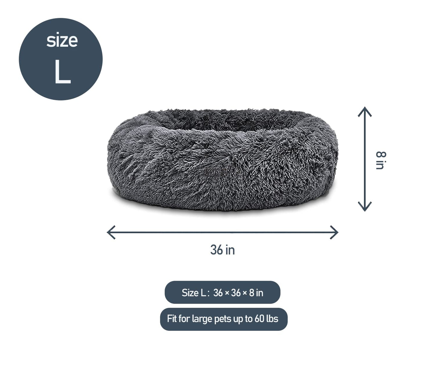 Dog Bed, Calming Donut Washable Pet Bed for Large Dogs up to 60lbs, Anti Anxiety Long Plush Faux Fur Round Dog Bed with Non-Slip Bottom