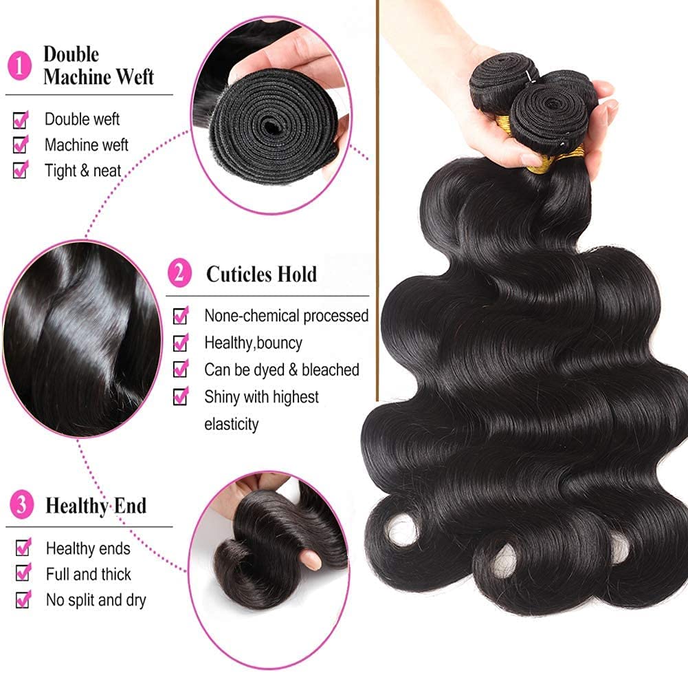10A Body Wave Human Hair 3 Bundles Brazilian Virgin Human Hair Extensions 100% Unprocessed Hair Weave for Black Women Natural Color 18 20 22 Inch