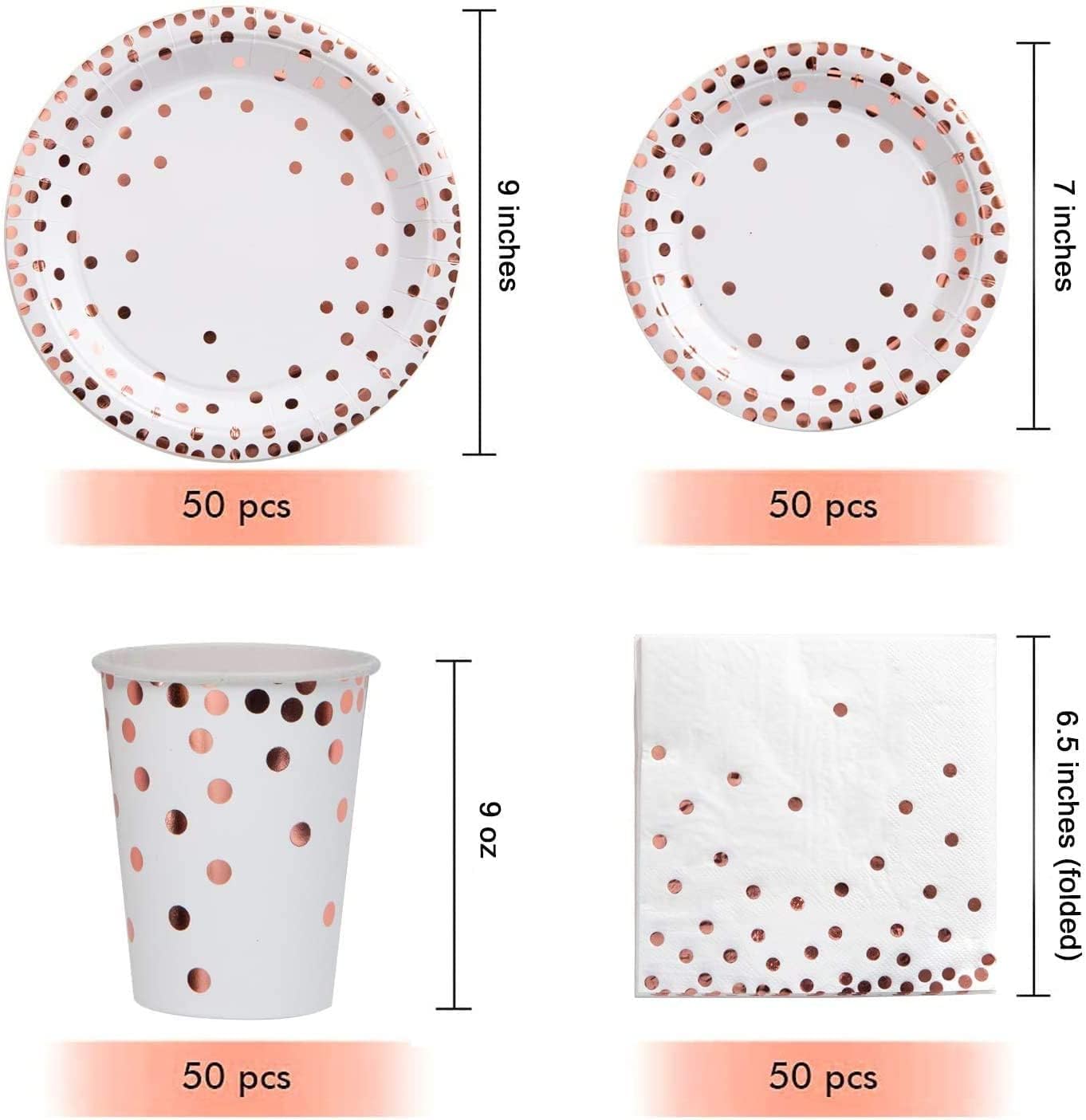 201 PCS Disposable Plates Rose Gold Party Supplies, Polka Dots Paper Plates, Include 50 Dinner Plates,50 Dessert Plates,50 Napkins 50 Cups, 1 Plastic Tablecloth,for Baby Shower Wedding Birthday