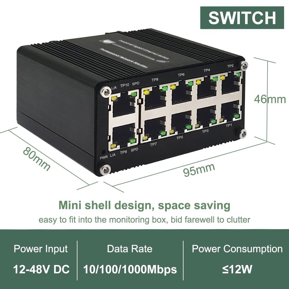 10-Port Gigabit Ethernet Switch - Industrial-Grade Unmanaged Network Hub with Din-Rail or Wall Mount, Full Duplex Desktop,Fast Connection,Plug and Play, Rugged Metal Case, Wide Temperature Range
