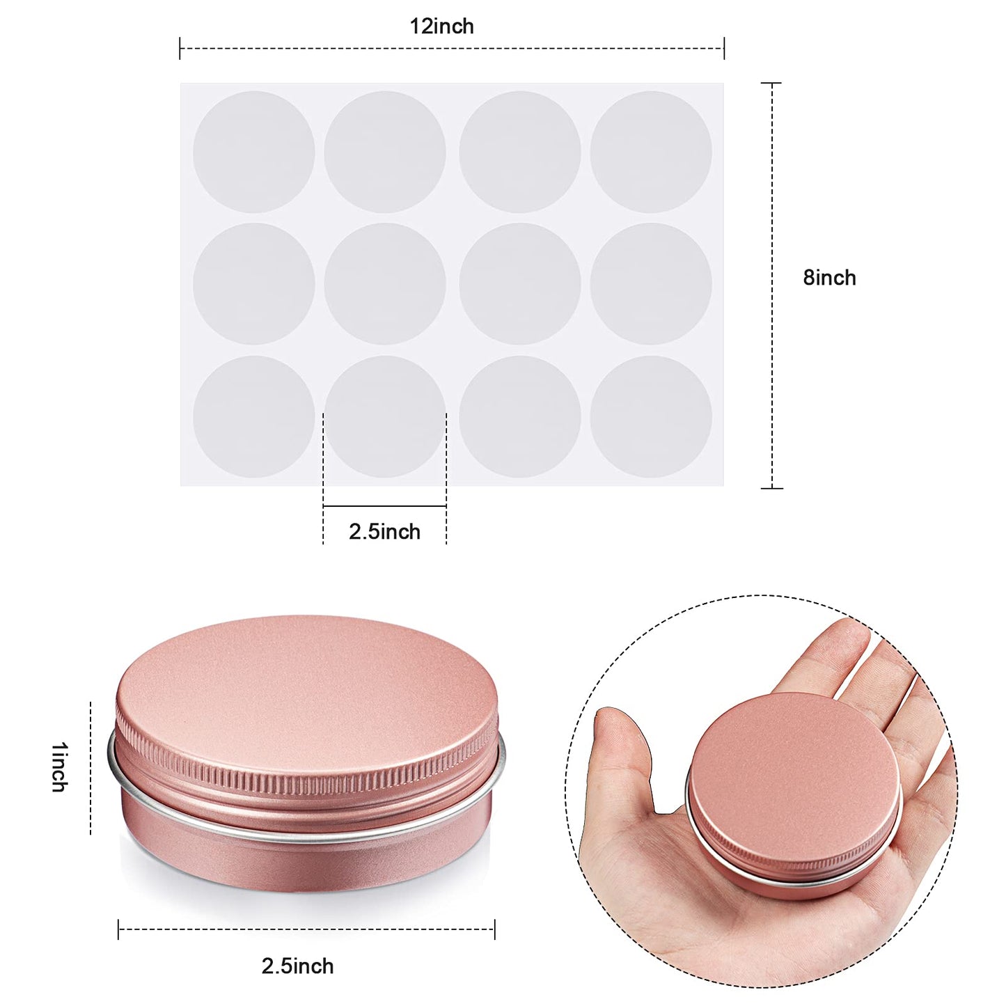 2 oz Metal Round Tins Aluminum Tin Cans Salve Tins Containers with Screw Lid 10 Sheets Stickers for Salve Spice Candies Balms Candles, 36 Pack (Rose Gold)