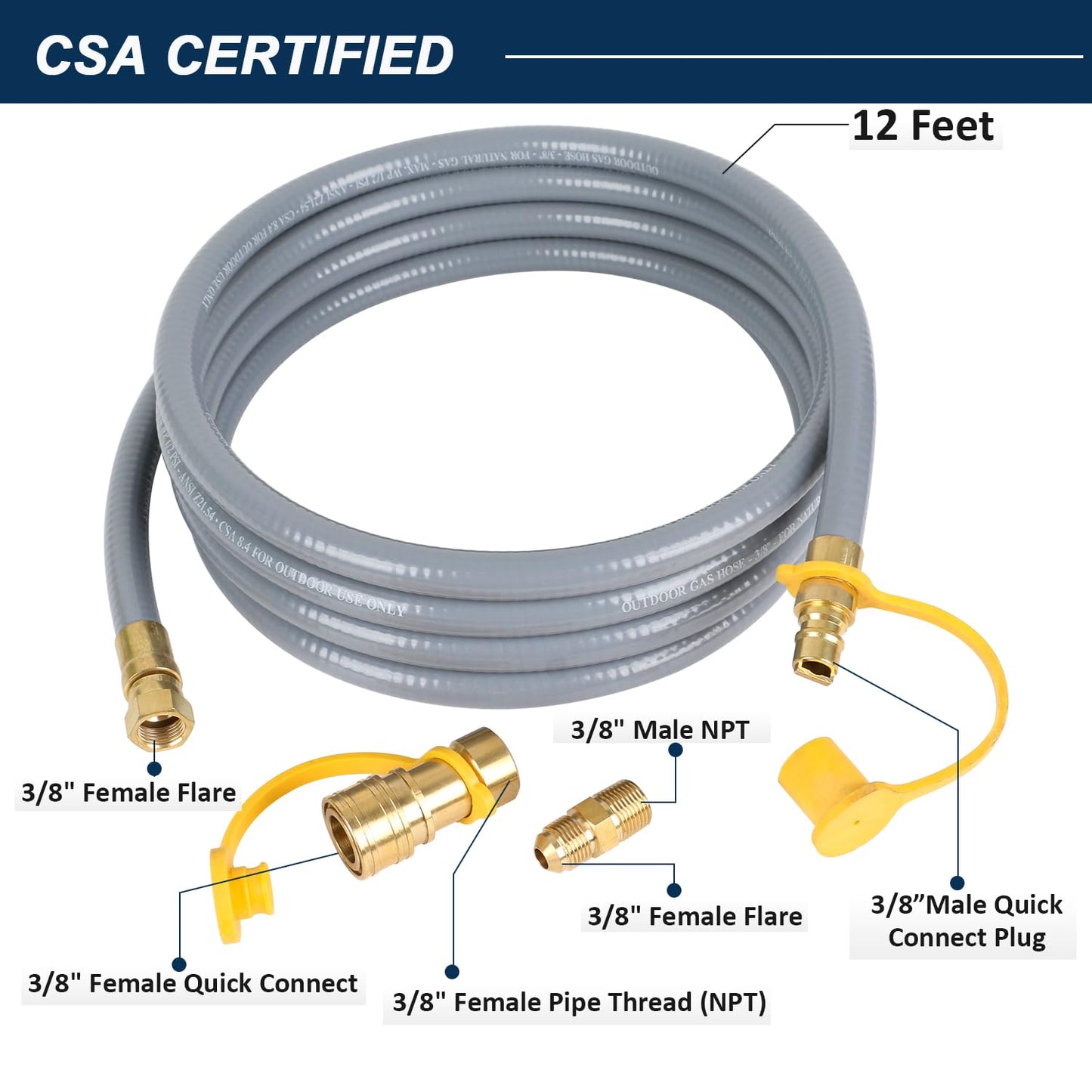 ATKKE 3/8” ID Natural Gas Hose, Propane Quick Connect Hose Assembly, Propane to Natural Gas Conversion Hose for Grill, Pizza Oven, Heater and More Low Pressure Appliance, 12 Foot…