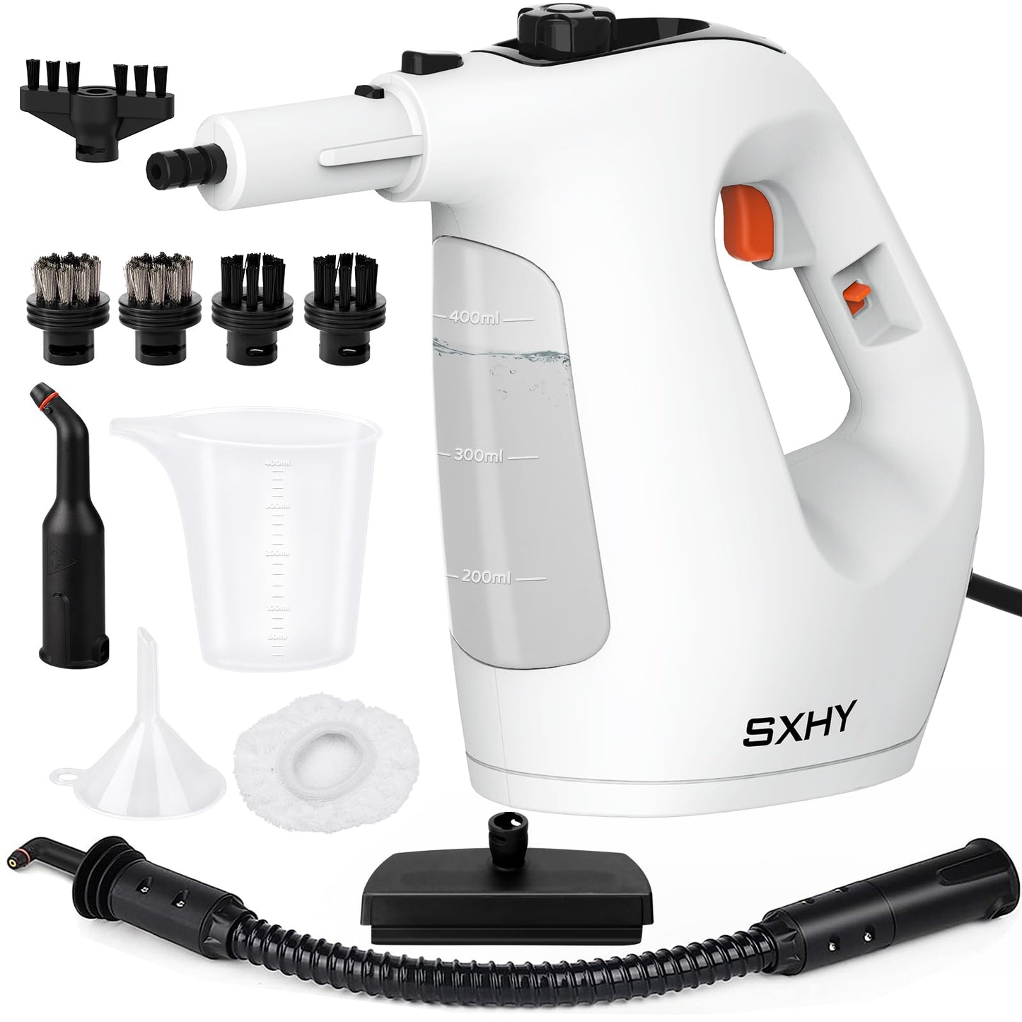 SXHY Handheld Steam Cleaner, 1400W Rapid-Heating Stainless Steel Boiler, Safety Locking Mechanism, Includes 10 Cleaning Tools, Deep Cleans Kitchens, Bathrooms, Cars, Windows, and More, White.