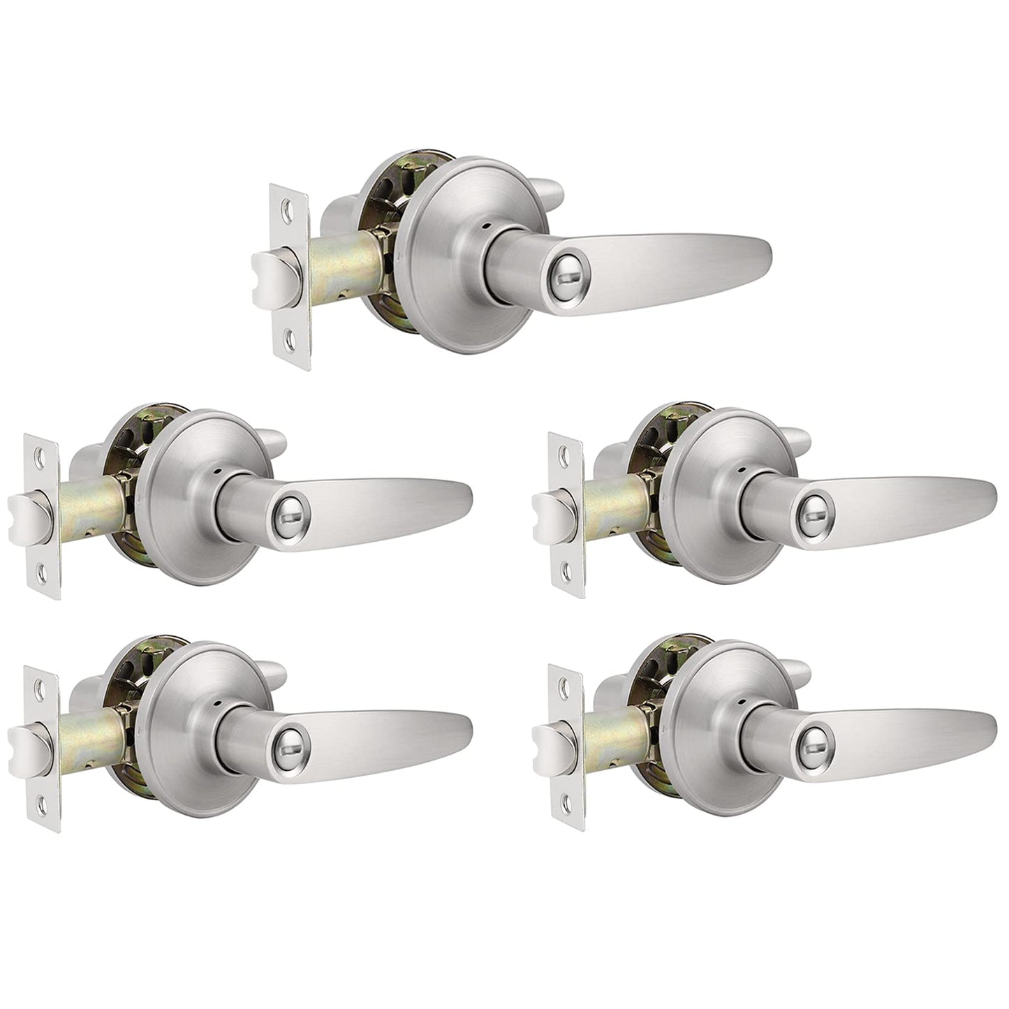 Probrico Satin Nickel Privacy Door Levers Keyless Interior Bed/Bath Door Handles, Reversible for Right & Left for Bathroom or Bedrooms, 5 Pack