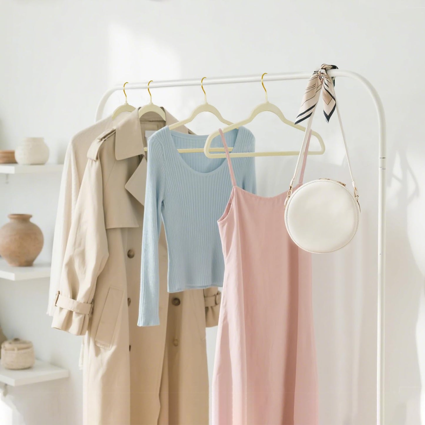 ManGotree Velvet Coat Hangers with 360° Swivel Gold Hook, Non-Slip Felt Suit Hangers, Ultra-Thin Space Saving Clothes Hangers for Coat, Suits, Shirt, Dress, Pants (36 Pack, Beige)