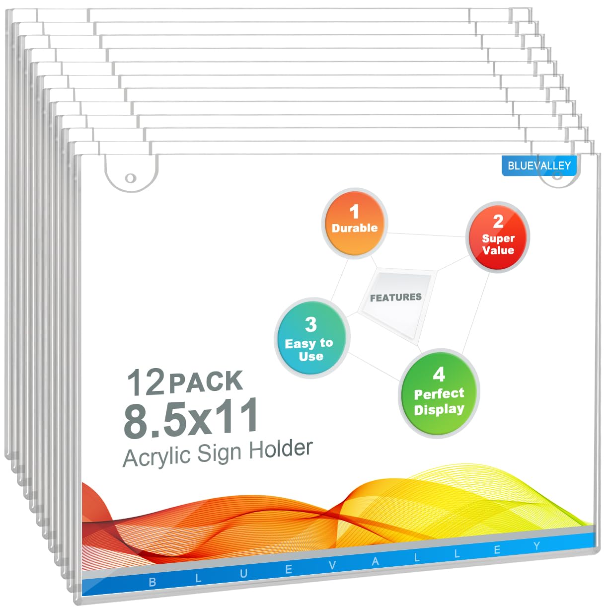 BlueValley 8.5 x 11 Wall Mount Acrylic Sign Holder - Double Sided Clear Acrylic Display Frame with Mounted Tapes & Screws - Plastic Wall Frame for Office, Home, Store, School, Restaurant - Landscape 12 Pack