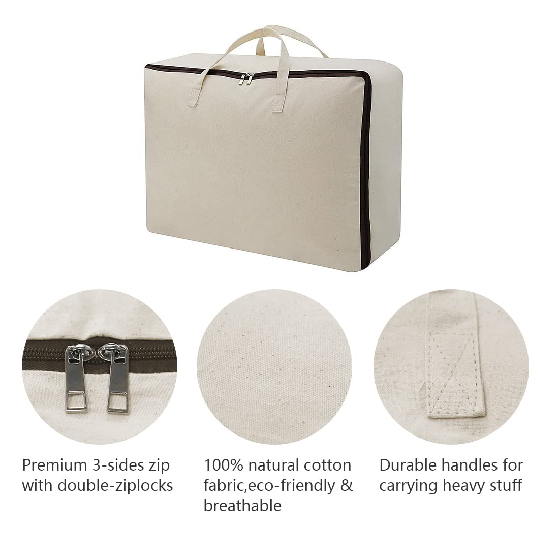 AMJ 5 Pcs, Household Essentials 100% Cotton Canvas Collapsible Storage Bag with Zippers & Handles, Storage Bag Packing Bags for Traveling Camping Dorm | Beige