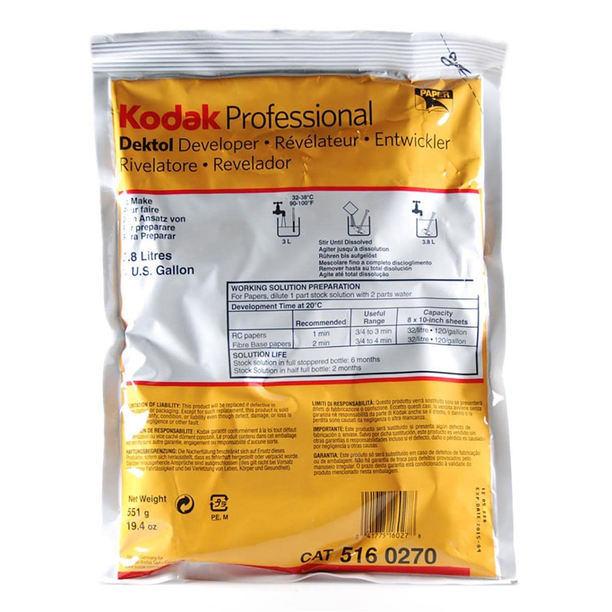 Kodak Dektol Paper Developer, 1 Sheet, Resin-Coated, Paper, 44lb, 1 inch Opacity