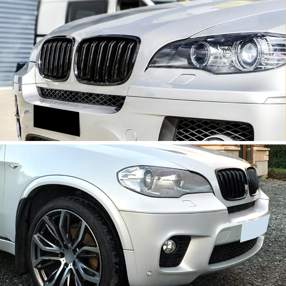 MAXDOM Replacement Front Upper Grill Fit for BMW (2007-2013) X5 E70 (2008-2014) X6 E71 – Gloss Black Double Slats ABS Grille