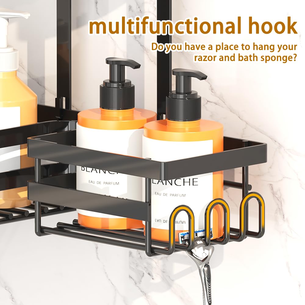 Gabeeriso Shower Caddy Hanging, Bathroom Organizer Black Rustproof 2-Tier Adjustable Height Over Shower Head with Soap/Toothbrush Holder &12 Hooks, No Drilling Shower Storage
