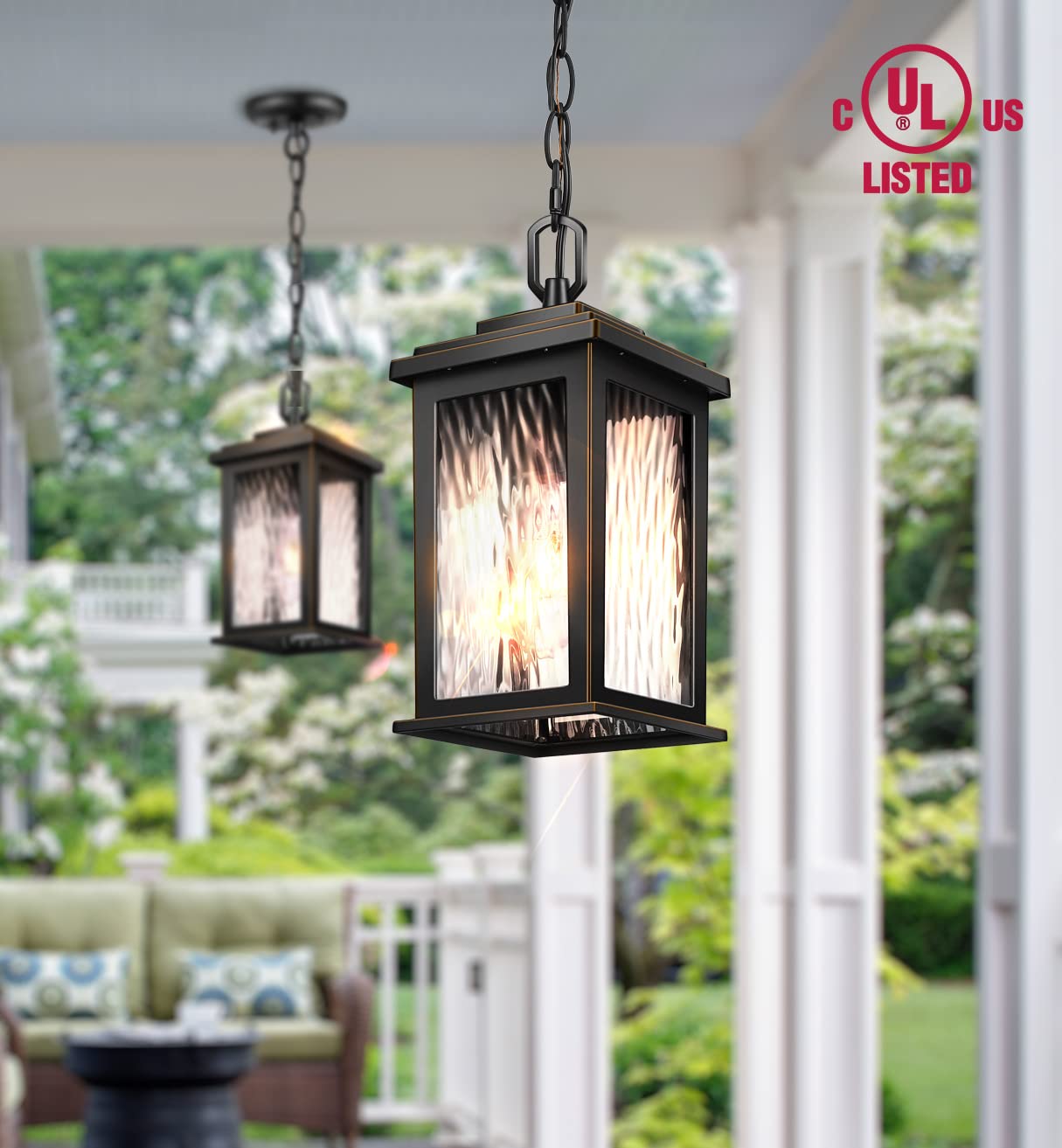 VIANIS Outdoor Pendant Light Fixture, Farmhouse Exterior Hanging Lights with Adjustable Chain, Anti-Rust Aluminum Frame with Temperate Water Glass, Hanging Lantern for Front Door Ceiling Entry Porch