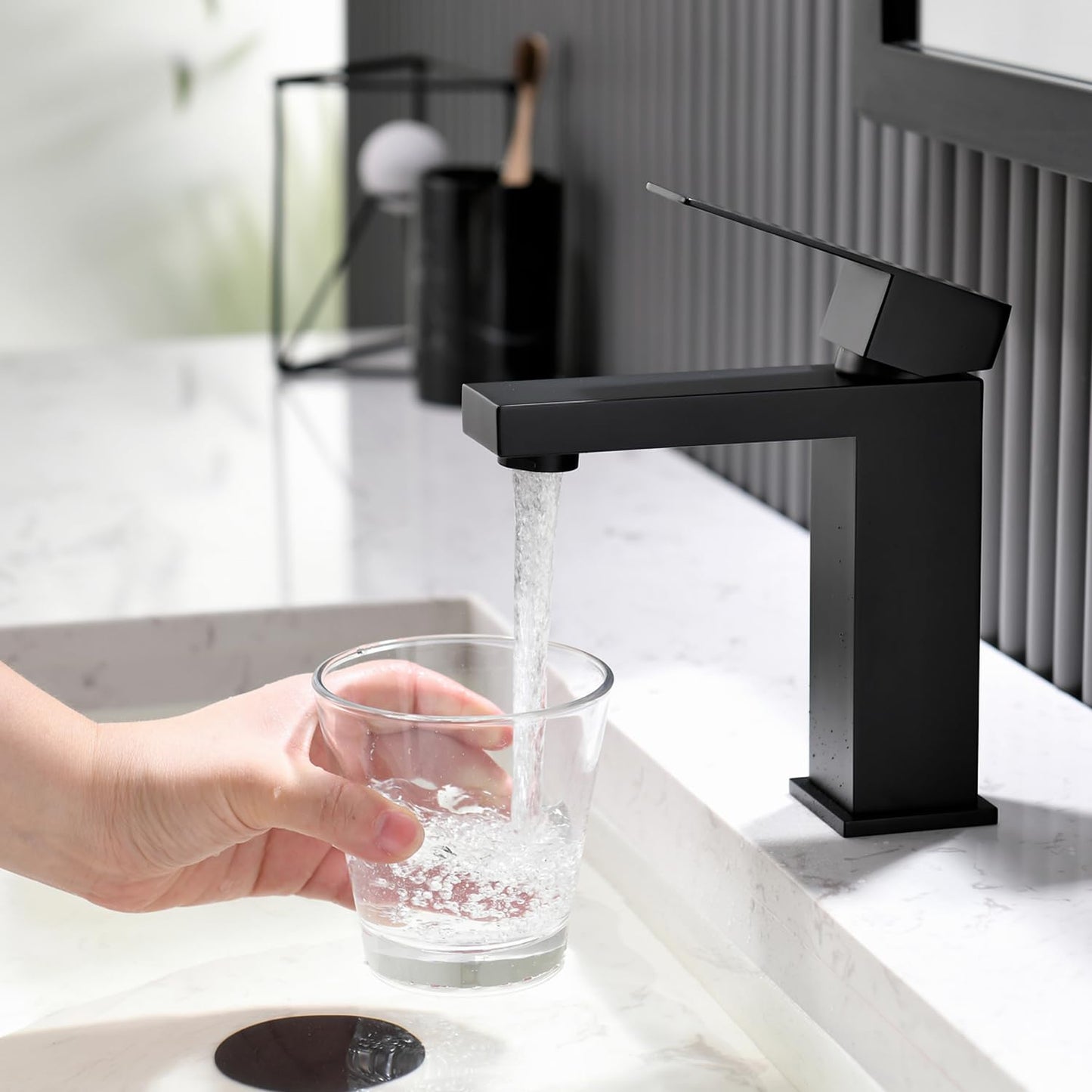 Matte Black Bathroom Faucet, Single Handle Bathroom Sink Faucet, Stainless Steel Bathroom Faucet with Pop Up Drain, 1 Hole Bathroom Faucet for RV Camper Farmhouse Lavatory Bar Vanity Sink, BF011B