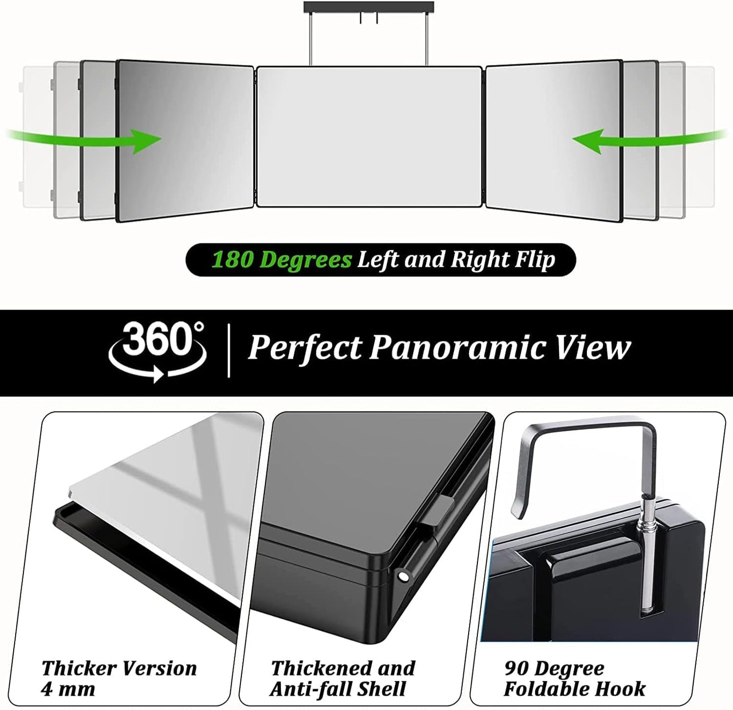 3 Way Mirror with Light for Self Hair Cutting with Hooks, 360° Mirror for Hair Cutting, Tirfold Madeup Mirror with Height Adjustable for Shaving