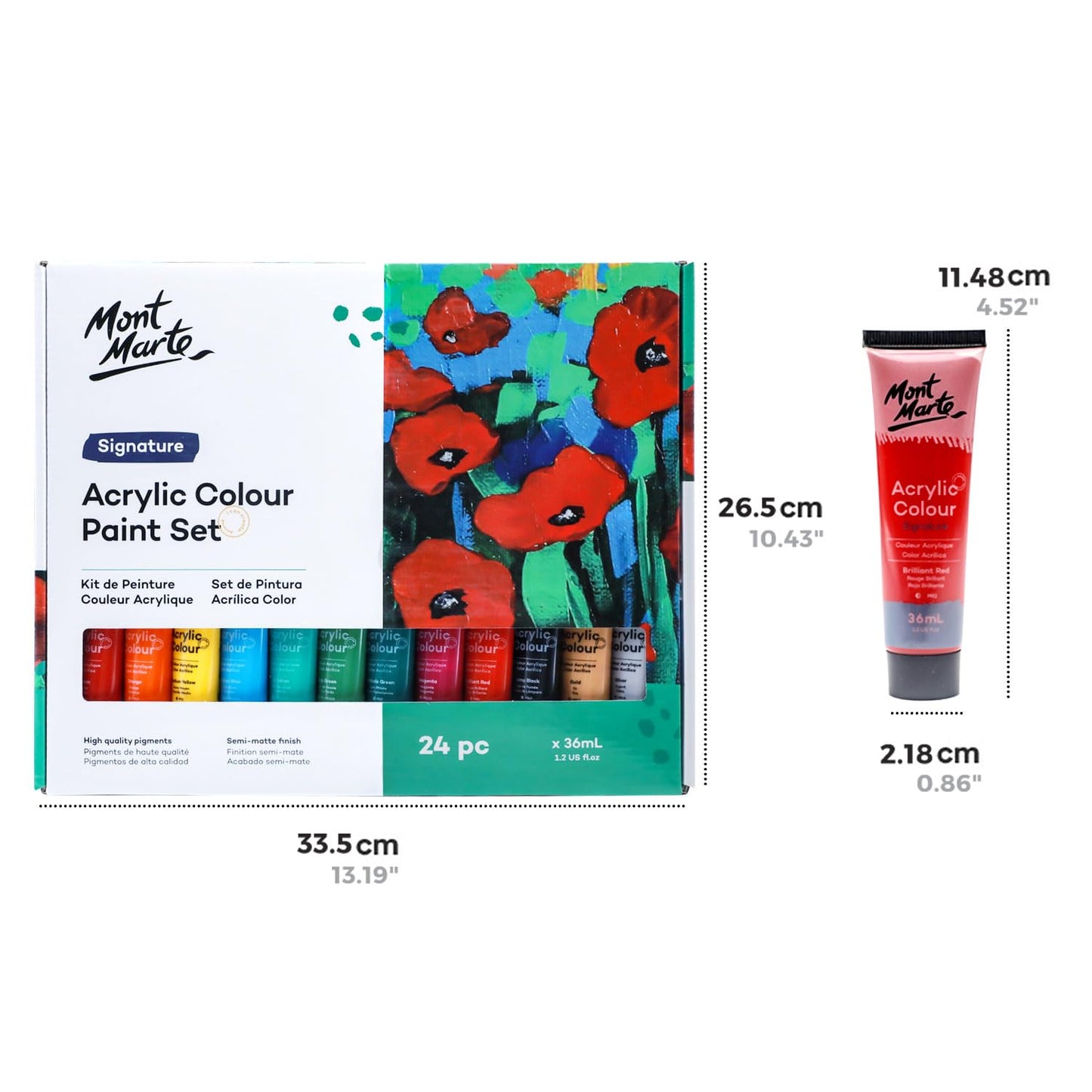 Mont Marte Acrylic Colour Paint Set Signature 24pc x 36ml (1.21 US fl.oz), Acrylic Paint kit Ideal for Canvas, Wood, Air Dried Clay, Cardboard and More, Great Beginner Acrylic Paint Set, Includes 24 Colours