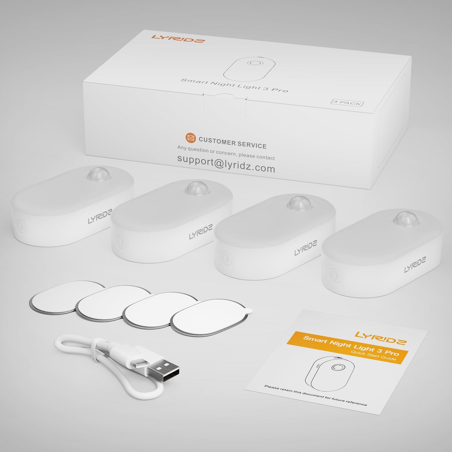 Rechargeable Night Light, LYRIDZ Stick on Anywhere Motion Sensor Nightlight Warm White 1-20LM LED Light with Stepless Adjustable Brightness for Bedroom, Kitchen, Stairs, Hallway, 4-Pack