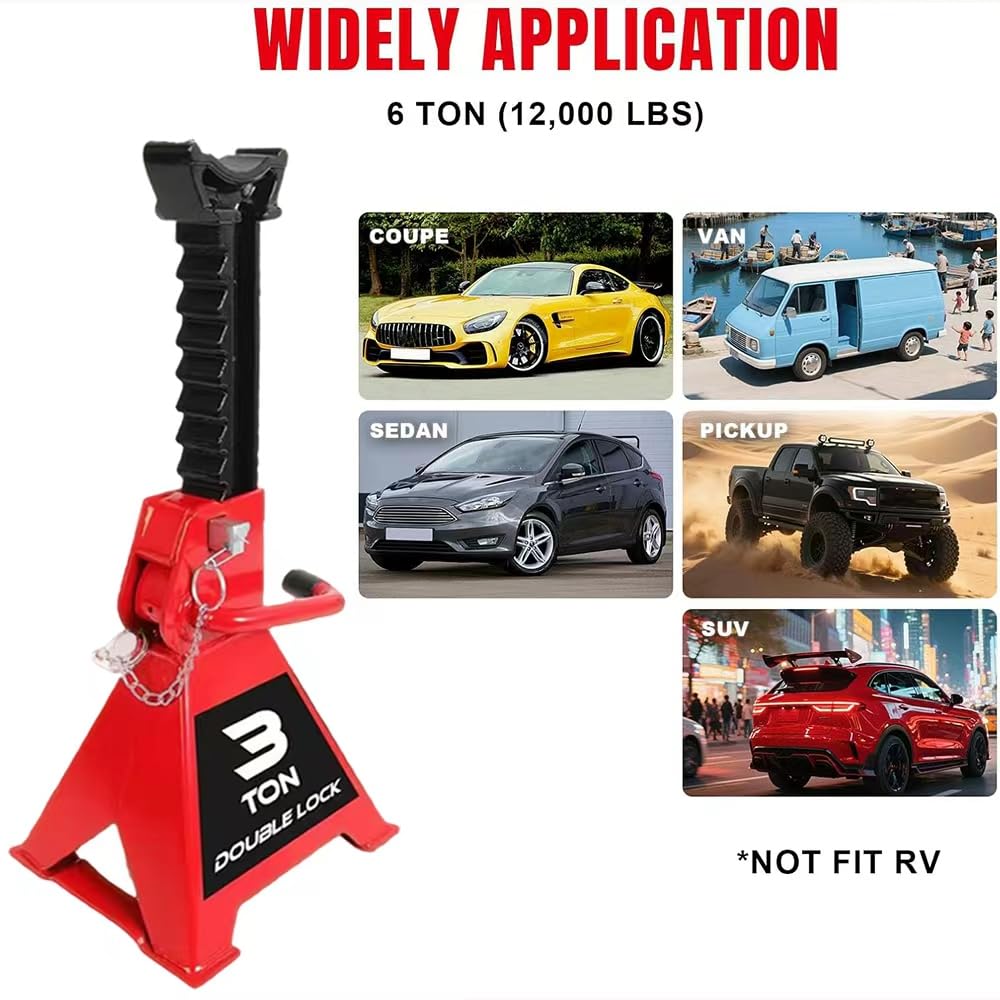 Car Jack with Double Pin Locking Jack Stands Stand Adjustable Heavy Duty Professional SteelJack Stand, 3 Ton (6,600 LBs) for Trucks,Home,Garage, SUV, Pickup,Car,UTV/ATV, Red 1 Pair