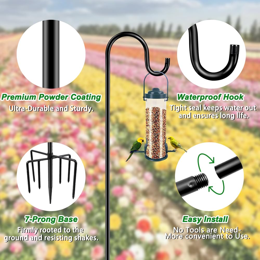 72" Shepherds Hooks for Outdoor, Heavy Duty Bird Feeder Pole with 7 Base Prongs, Adjustable Garden Hanging Holder for Bird Feeders, Solar Light Lanterns, Garden Plant Hanger Stands,2 Pack