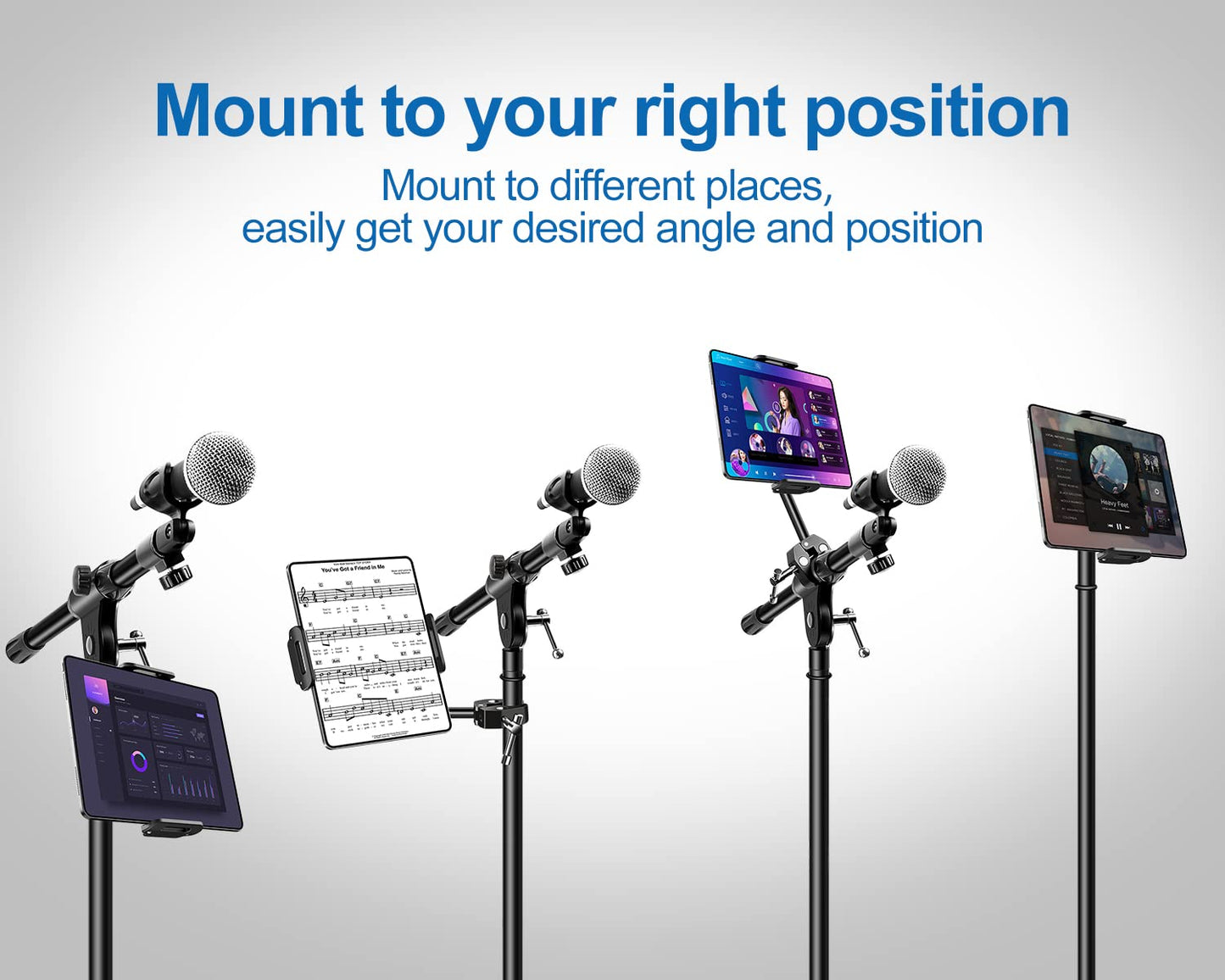 elitehood Aluminum iPad Holder for Mic Stand, Side Mount iPad Music Stand Holder for Microphone, 360° Swivel Tilt Adjustable Mic Stand Tablet Holder for iPad, iPhone and More 4-13in Tablet