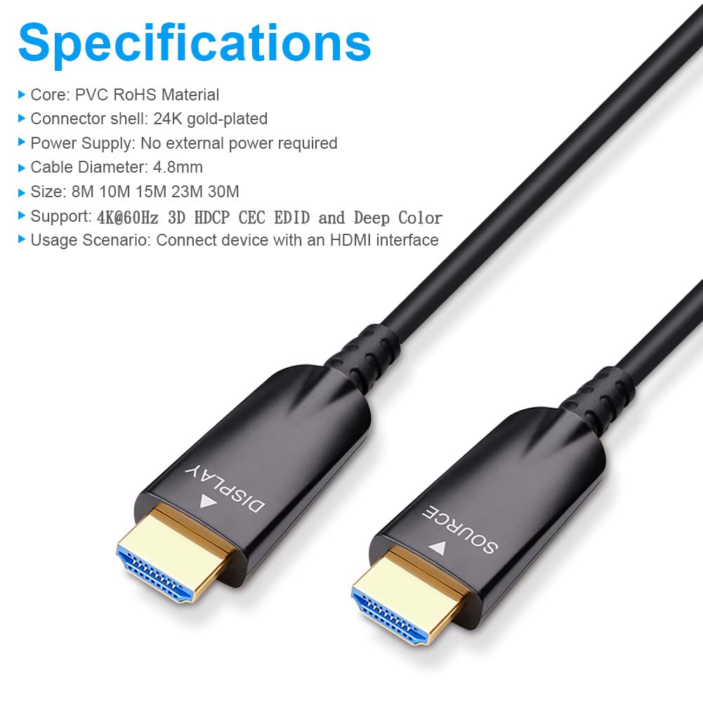 DTECH Fiber Optic HDMI Cable 75ft/23m Support UHD 4K 60Hz 2K 144Hz 18Gbps High Speed Thin and Light Weight an Ideal Solution for Long Distance Transmission