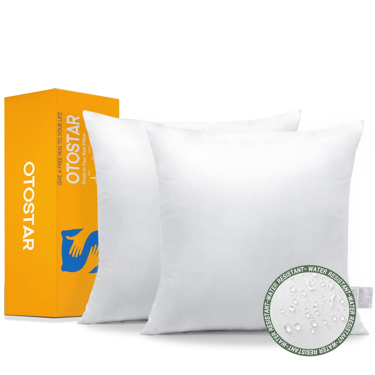 OTOSTAR Pack of 2 Premium Waterproof Pillow Inserts, 18 x 18 Outdoor Decorative Throw Pillow Inserts Soft Fluffy Plump Cushion Inserts for Patio Garden Bench Farmhouse Sofa Couch Bed, White