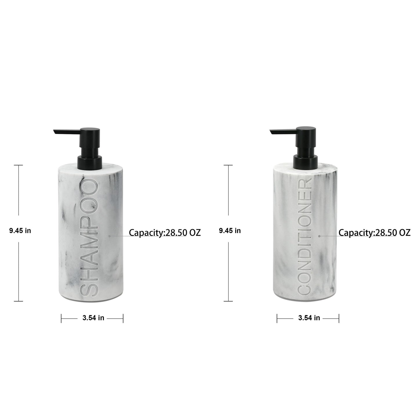 Indecor Home Marble Resin 2 Piece Shampoo and Conditioner Dispenser Set, Luxurious Refillable Pump Bottles with Matte Pump Top and Embossed Text, Durable Design for Bathroom and Shower