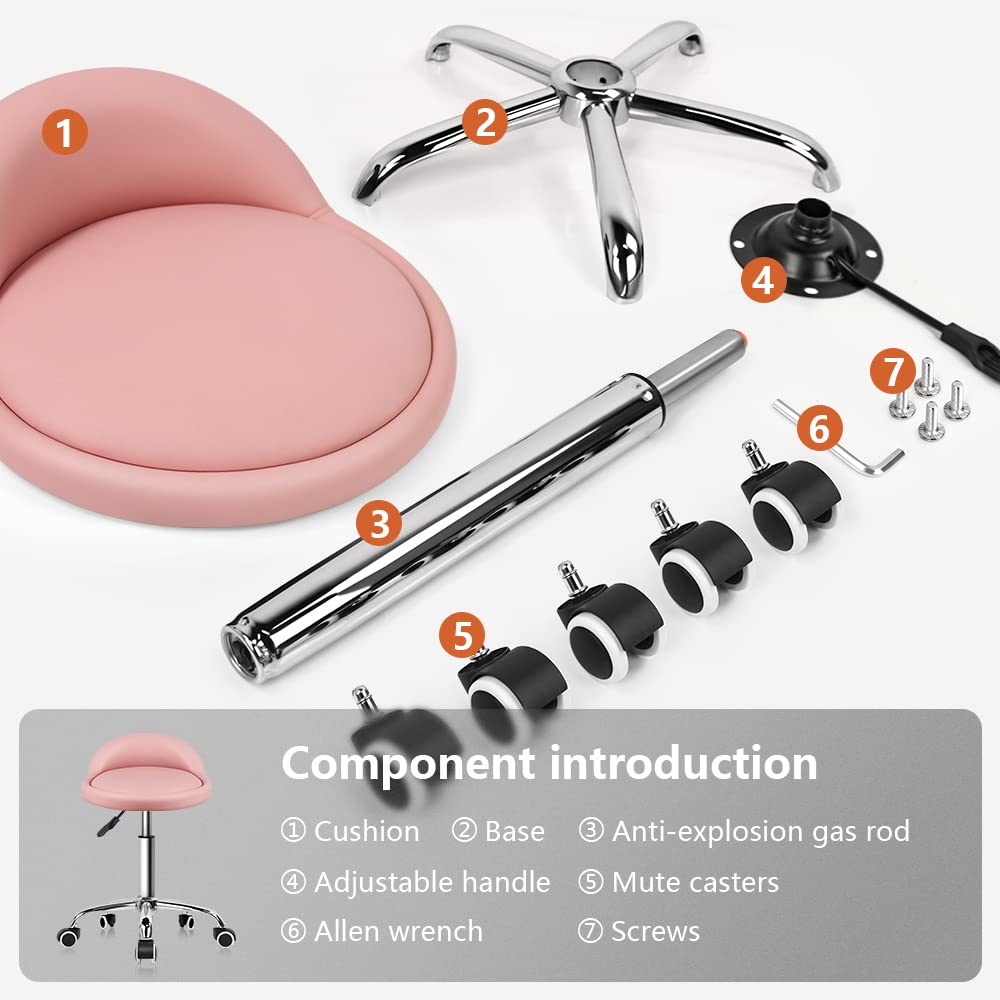 KKTONER PU Leather Round Rolling Stool with Back Rest Height Adjustable Swivel Drafting Work SPA Task Chair with Wheels (Pink)