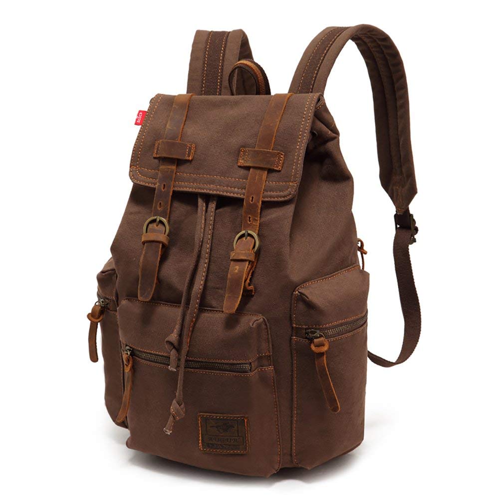 Koolehaoda Vintage Canvas Backpack Leather Rucksack Knapsack Unisex Casual Backpack 17inch Laptop Backpack Hiking Bag(L-Coffee)