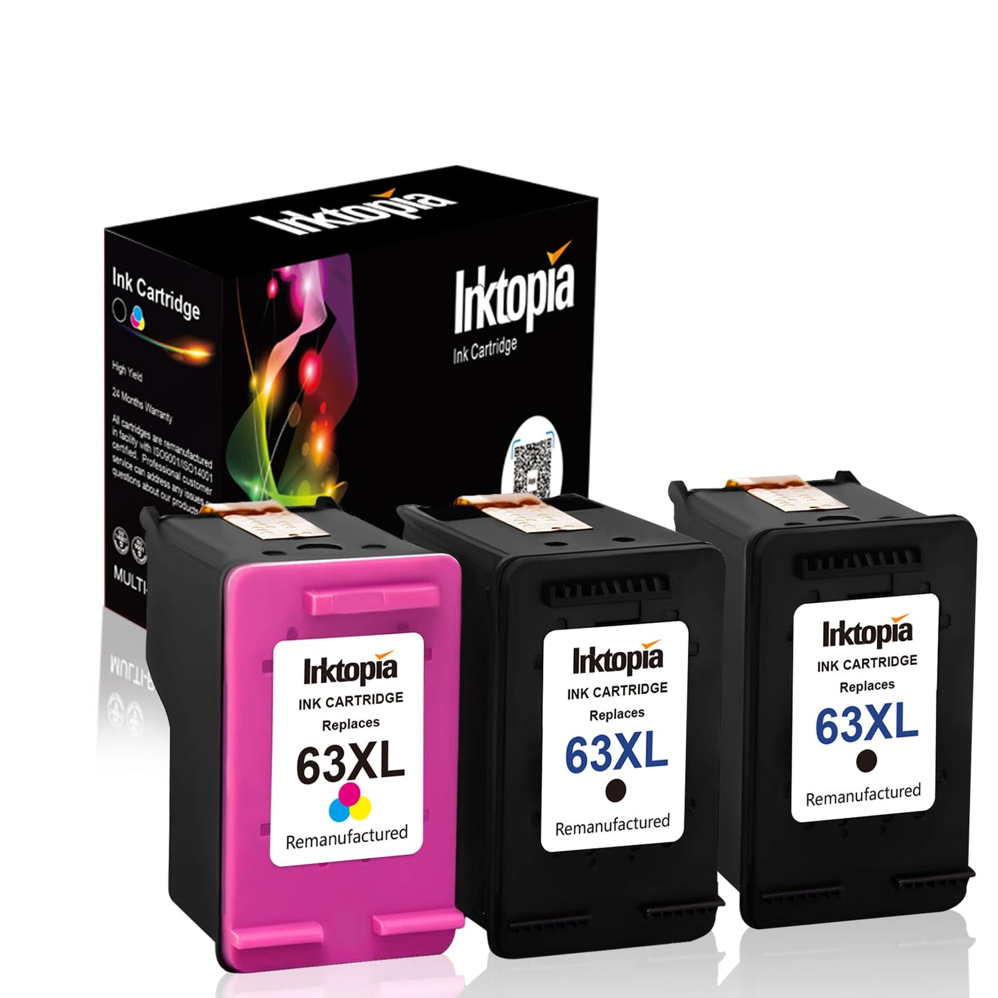 Inktopia Remanufactured Ink Cartridge Replacement for HP 63 XL 63XL Fit with OfficeJet 5255 5258 3830 3831 3832 Envy 4512 4516 4520 DeskJet 1112 2130 3633 3634 (2 Black 1 Tri-Color, 3-Pack)