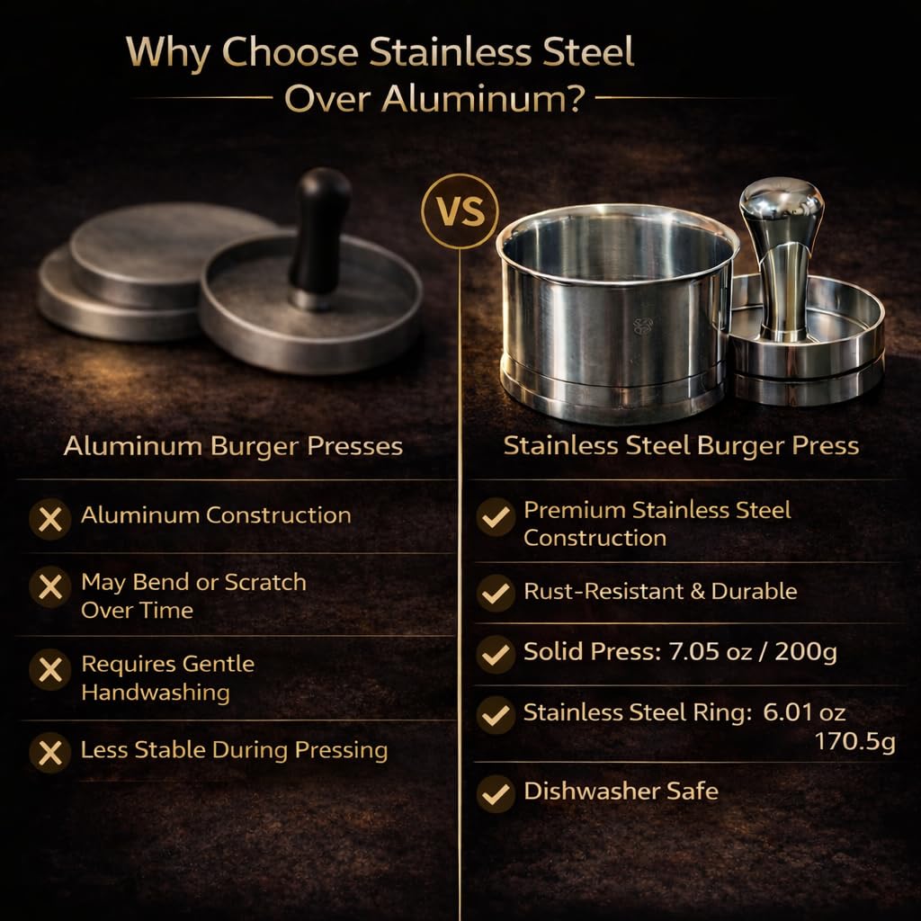 Stainless Steel Burger Press & Meat Patty Maker, Heavy Duty One-Piece Design, Non-Stick Round Hamburger Press for Beef, Turkey & Veggie Patties