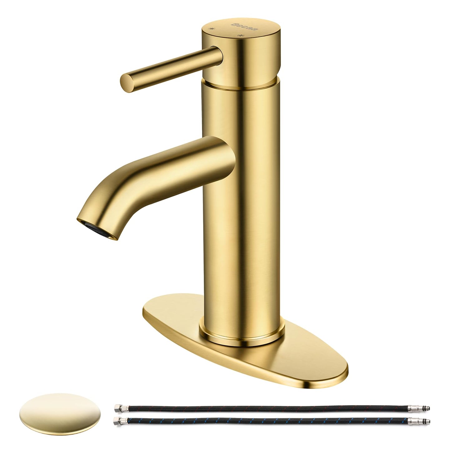 Brushed Gold Single Handle Bathroom Sink Faucet, Becaa Single Hole Modern Faucet with Assembled Supply Hoses & Pop-up Drain for Bathroom Vanity Lavatory, 1 Hole or 3 Holes